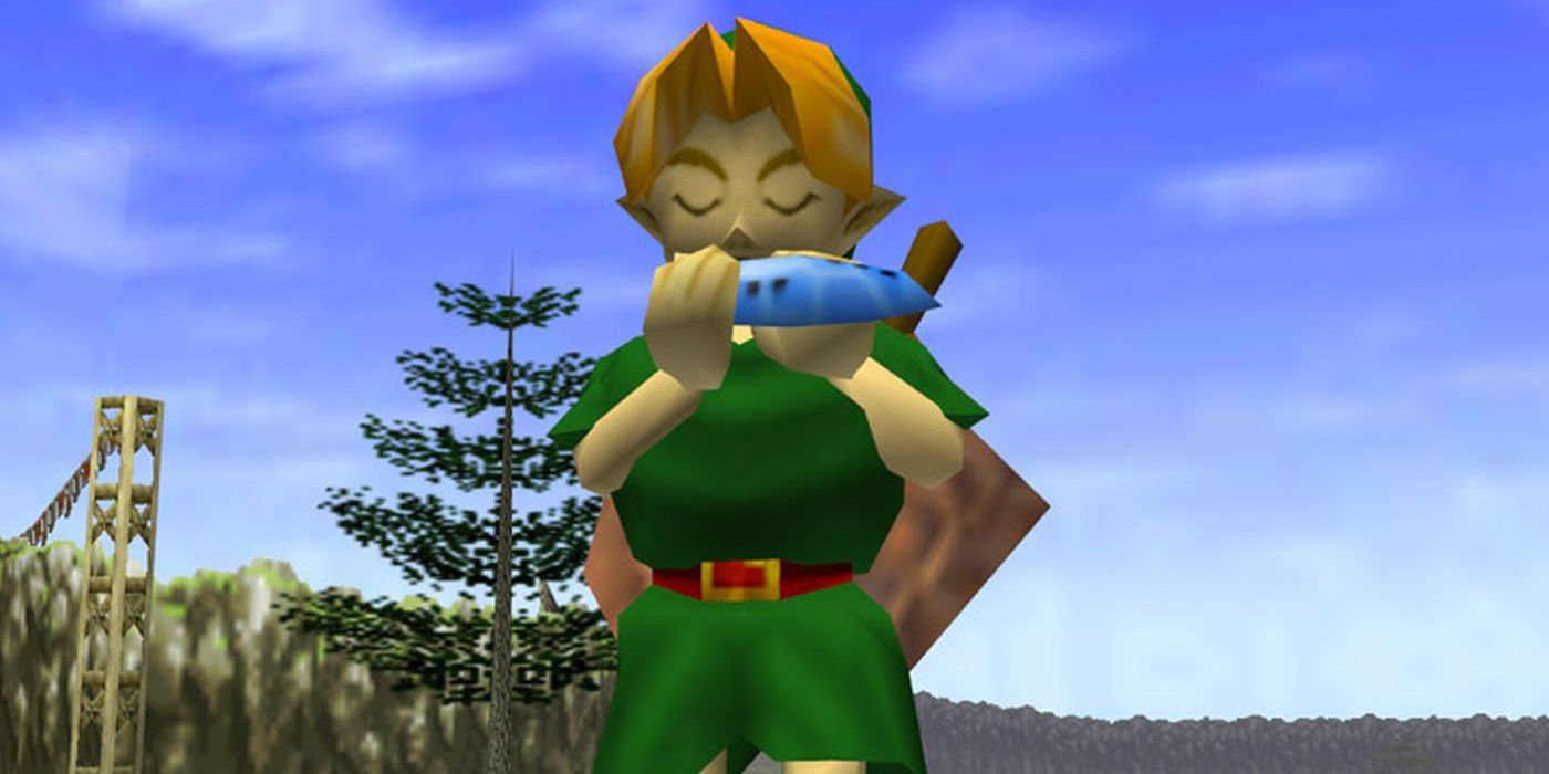 A screenshot showing Young Link blowing the Ocarina in The Legend of Zelda: Ocarina of Time