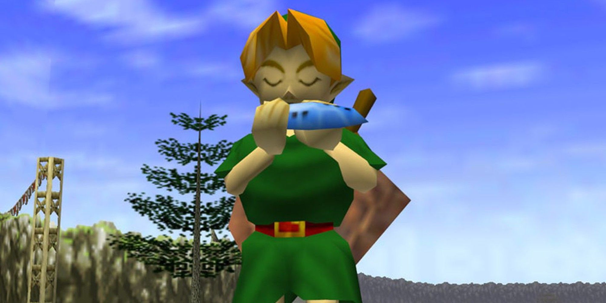 young Link playing  the ocarina in ocarina of time