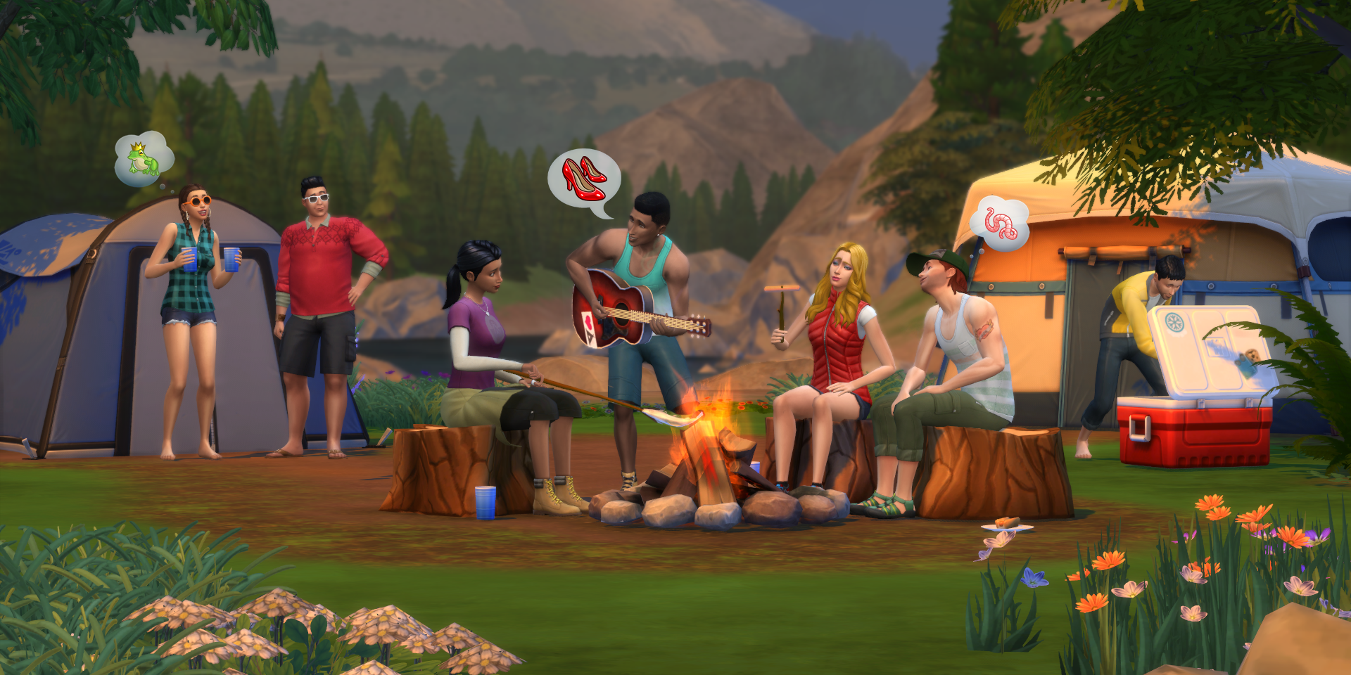 A group of Sims enjoy a camping trip at Granite Falls, playing guitar and staying warm by a campfire