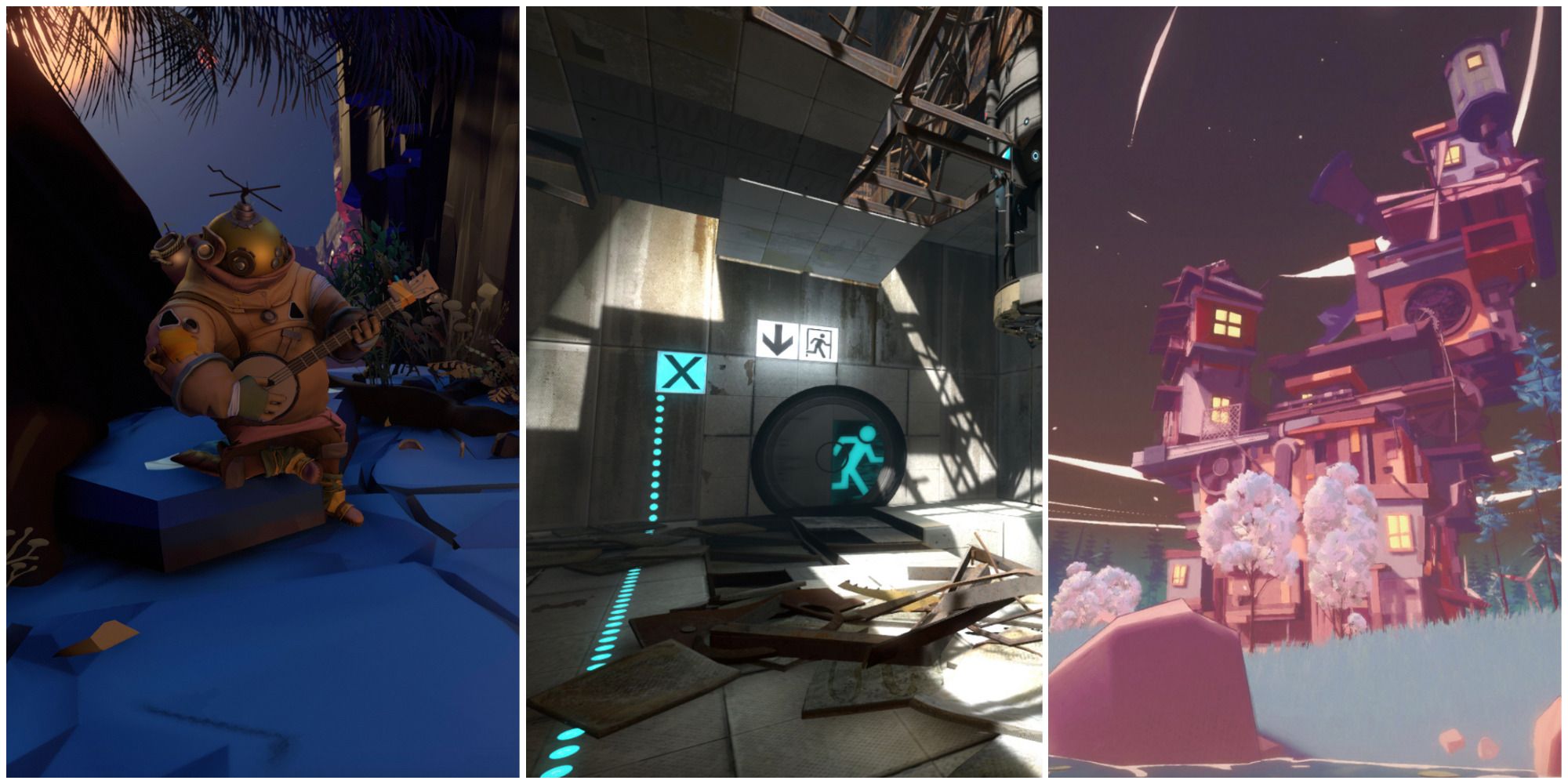 outer wilds character playing banjo, portal 2 door, summertime madness house featured