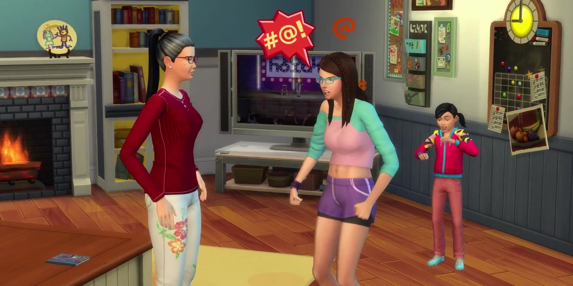A teenage Sim shouts forbidden words as their parent looks less than pleased. Their younger sibling, on the other hands, looks to be enjoying the show. 