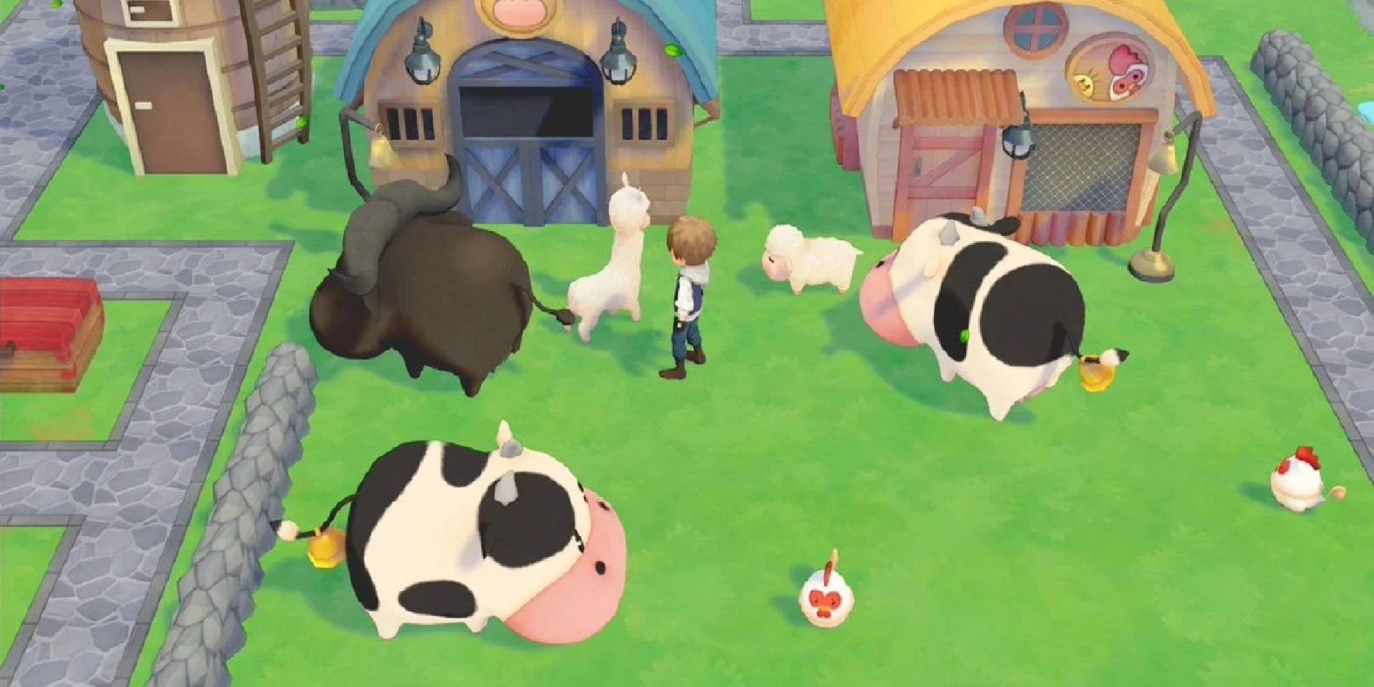 A farmer is surrounded by cows, chickens, sheep, and a llama in Story Of Seasons: Pioneers Of Olive Town