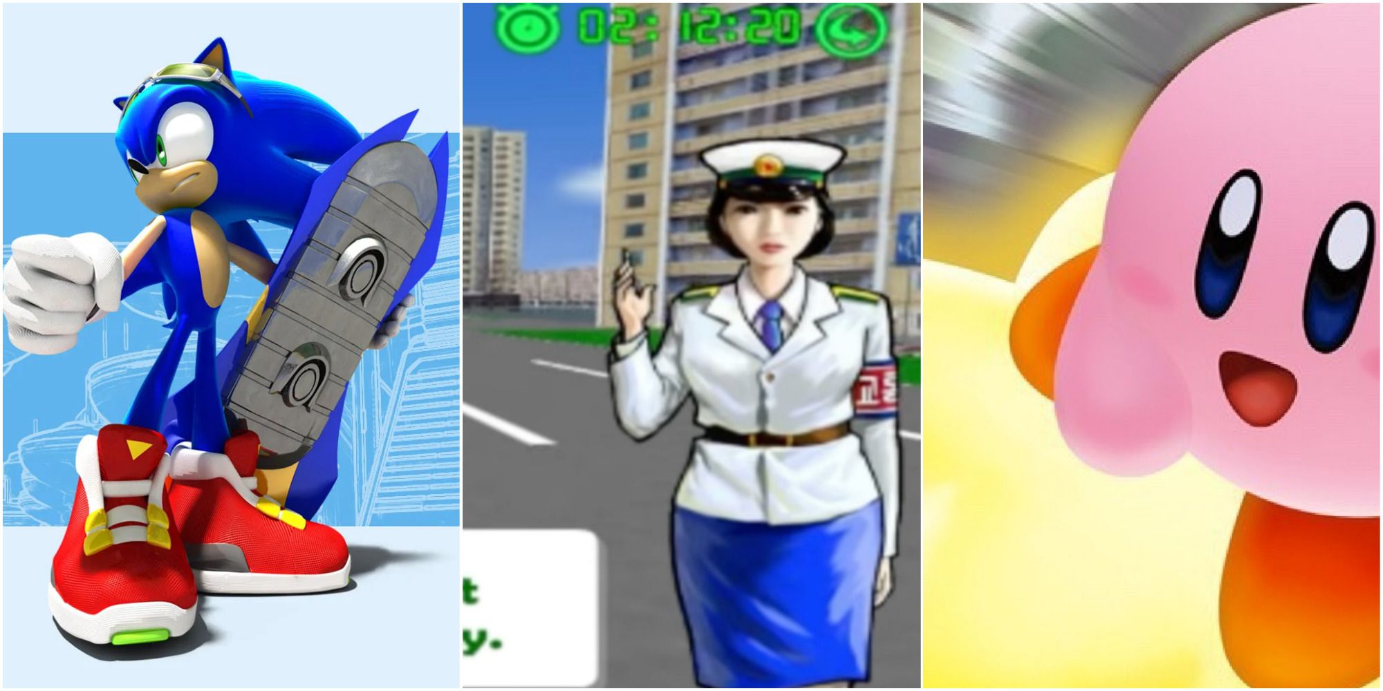 A collage of images from Sonic Riders, Pyongyang Racer, and Kirby's Air Ride