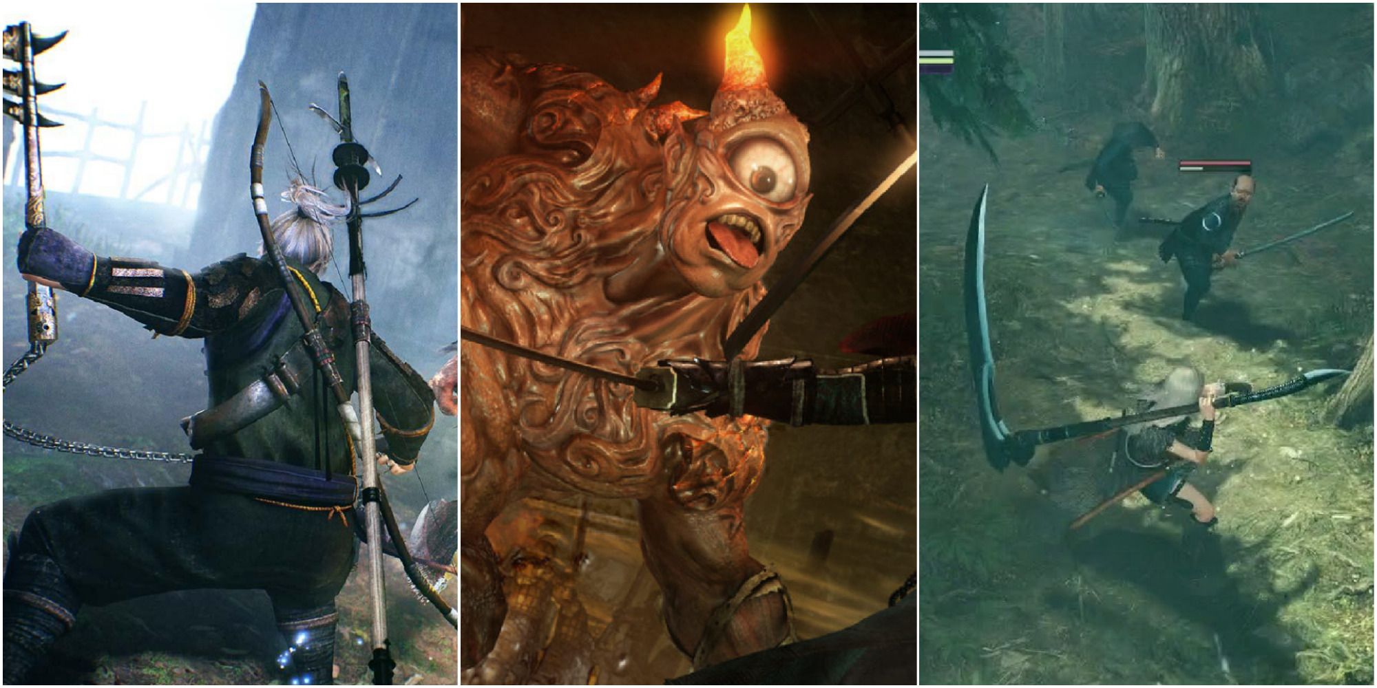 a collage of images from Nioh 2, showing characters using kusarigama and switchglaive weapons, as well as a cyclops enemy
