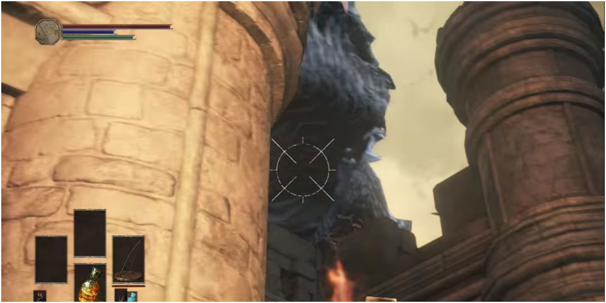 The player aiming their bow at the Lothric Wyvern