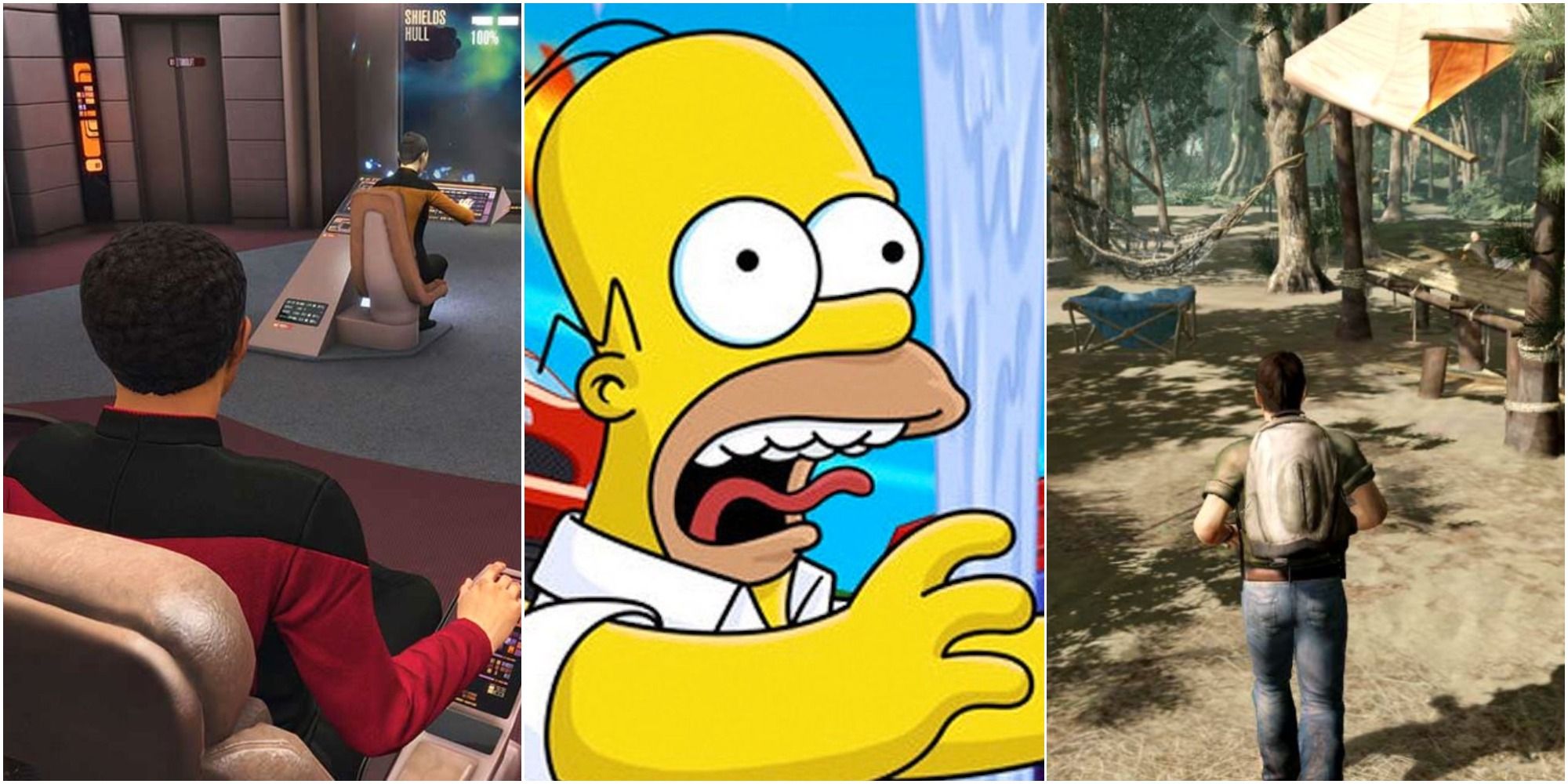 On the left is a screenshot from the game Star Trek: Bridge Crew, in the middle is a shot of Homer Simpson from the key art of The Simpsons: Hit & Run and on the right is Elliot from the game Lost: Via Domus