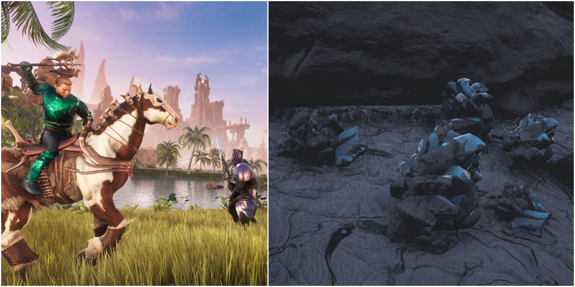 Image 1 showing a player on a horse with an axe. Image 2 showing Obsidian Mines containing Raw Ash. 