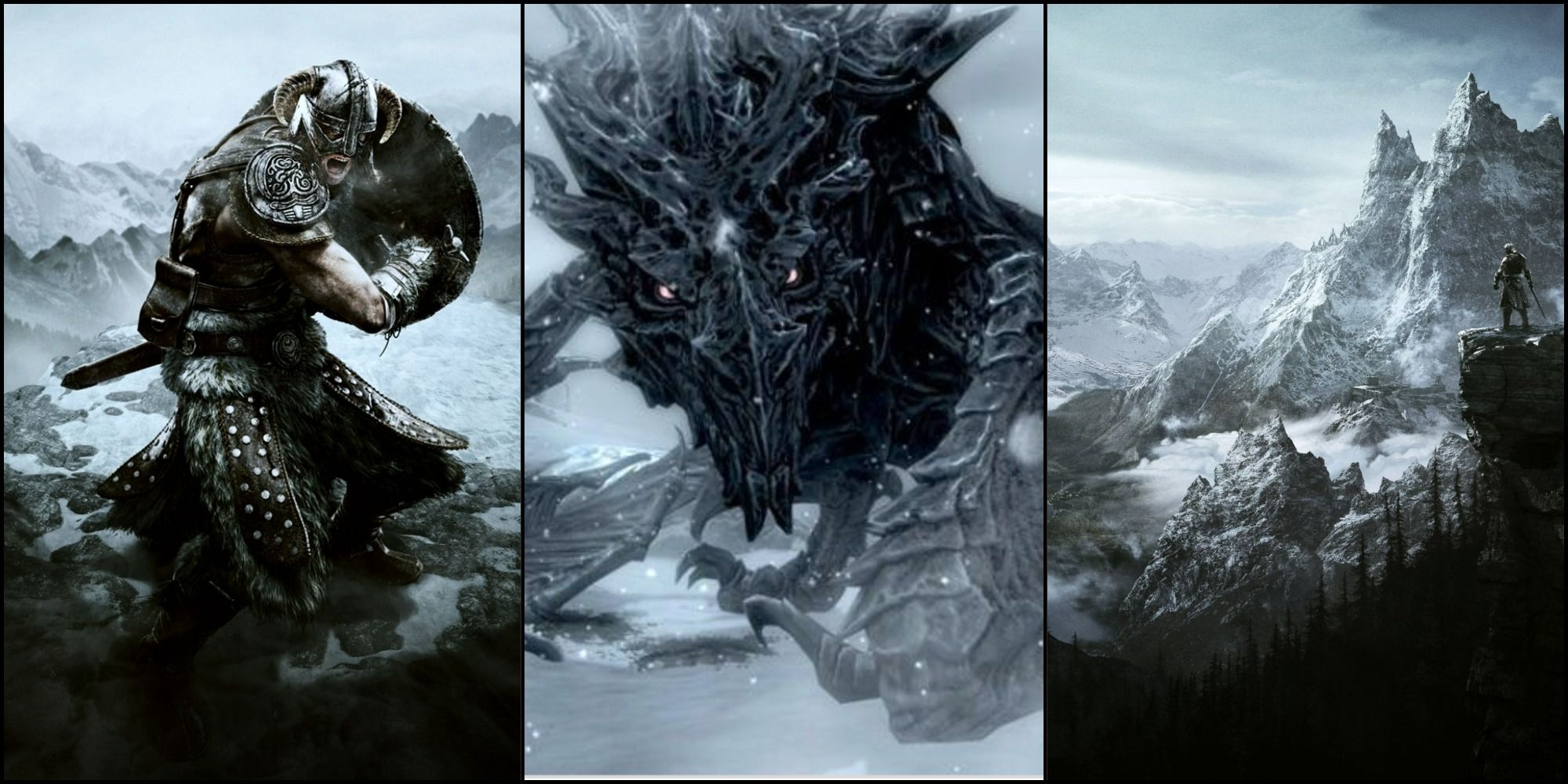 A split image for Skyrim featuring the Dragonborn to the left, Alduin in the middle and a view of the mountainous province to the right