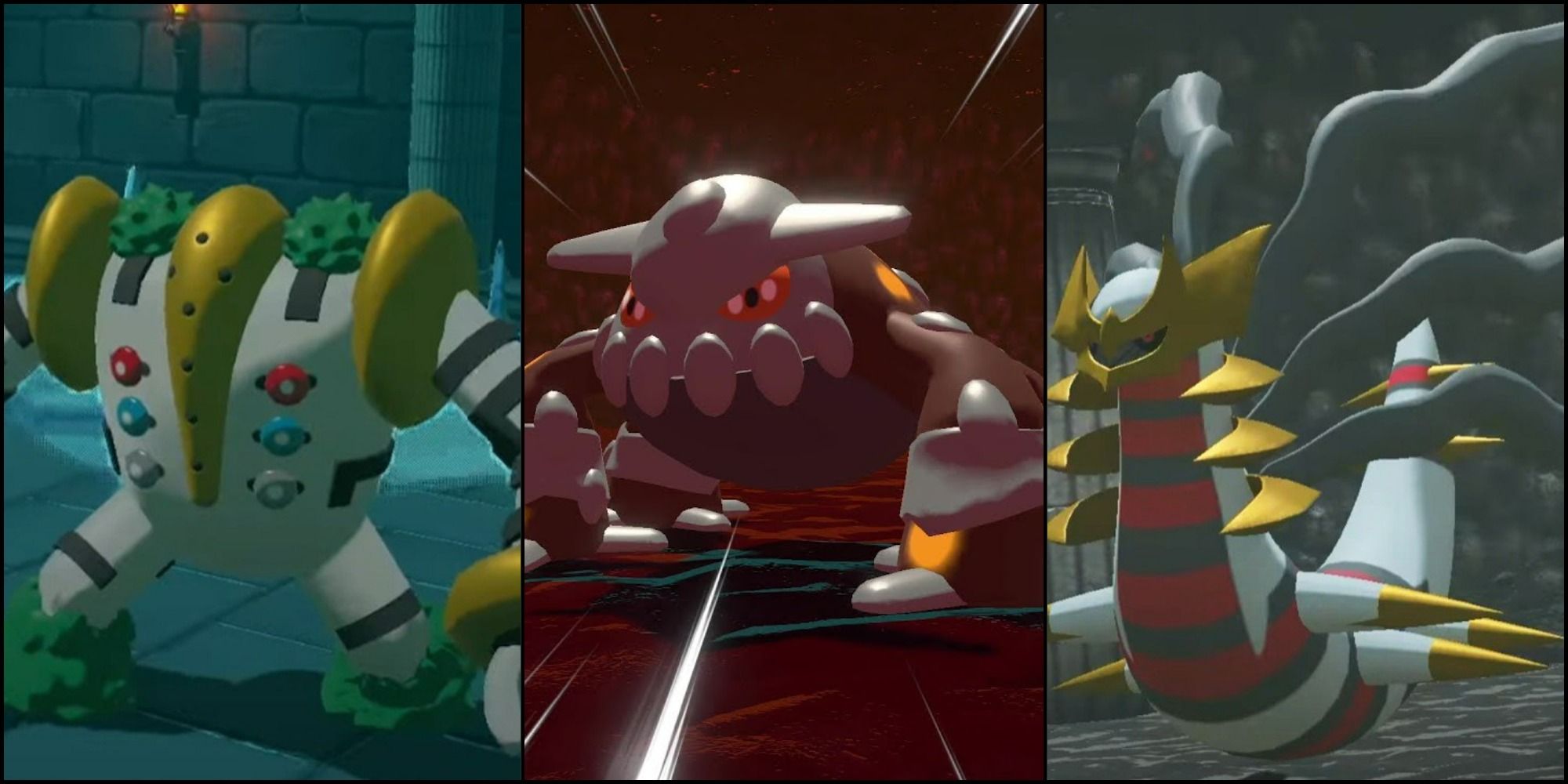 A split image for Pokemon Legends Arceus featuring Regigigas to the left, Heatran in the middle and Giratina to the right