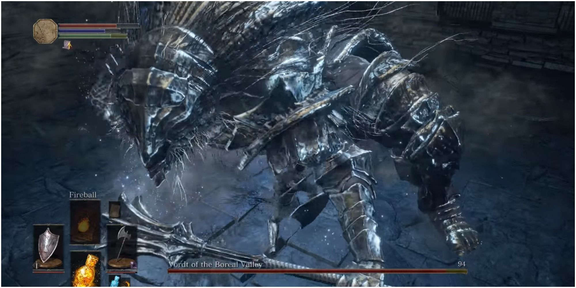 The player attacking Vordt during his attack animation. 