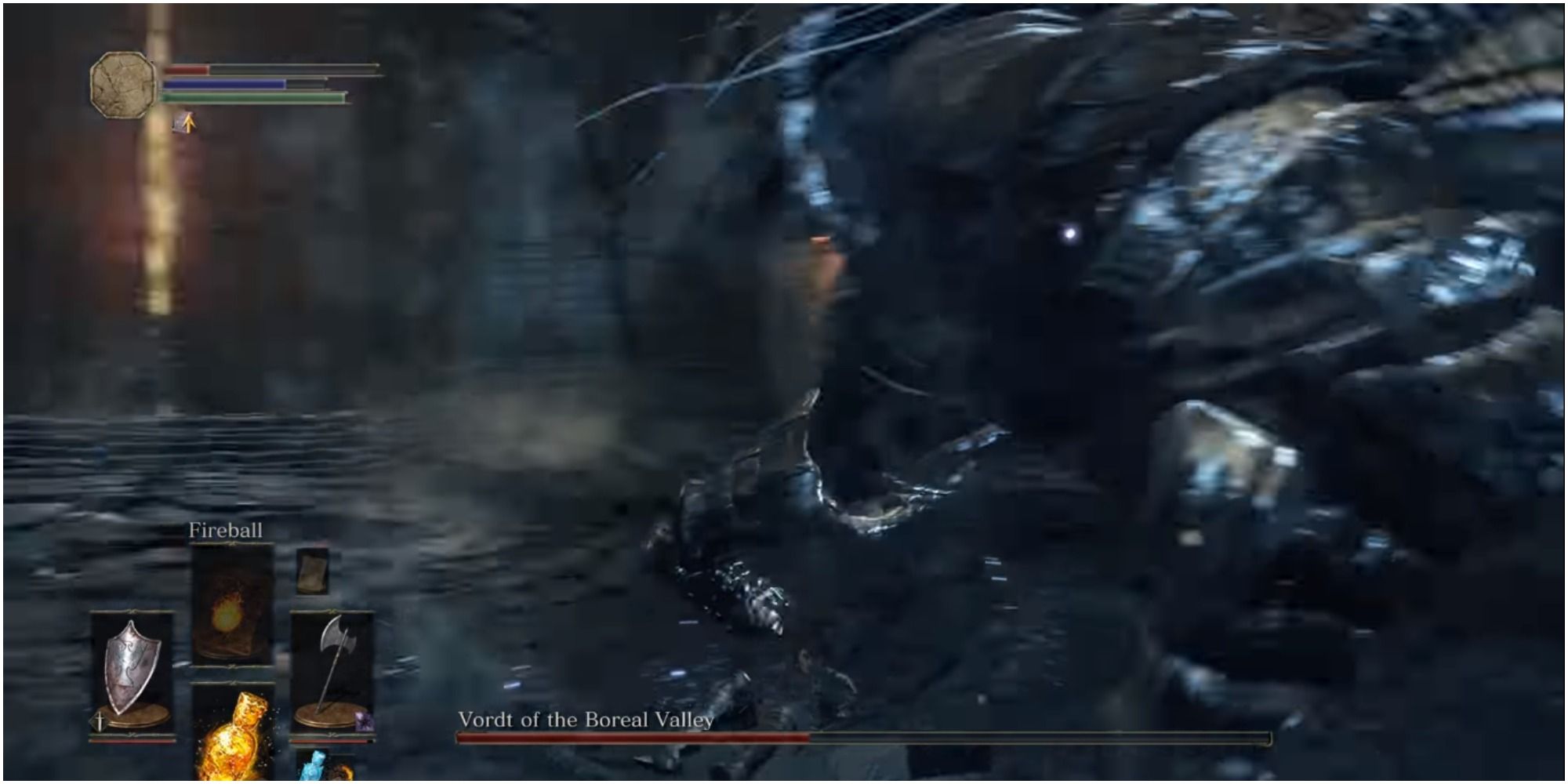 Vordt charging through the arena multiple times knocking down the player.