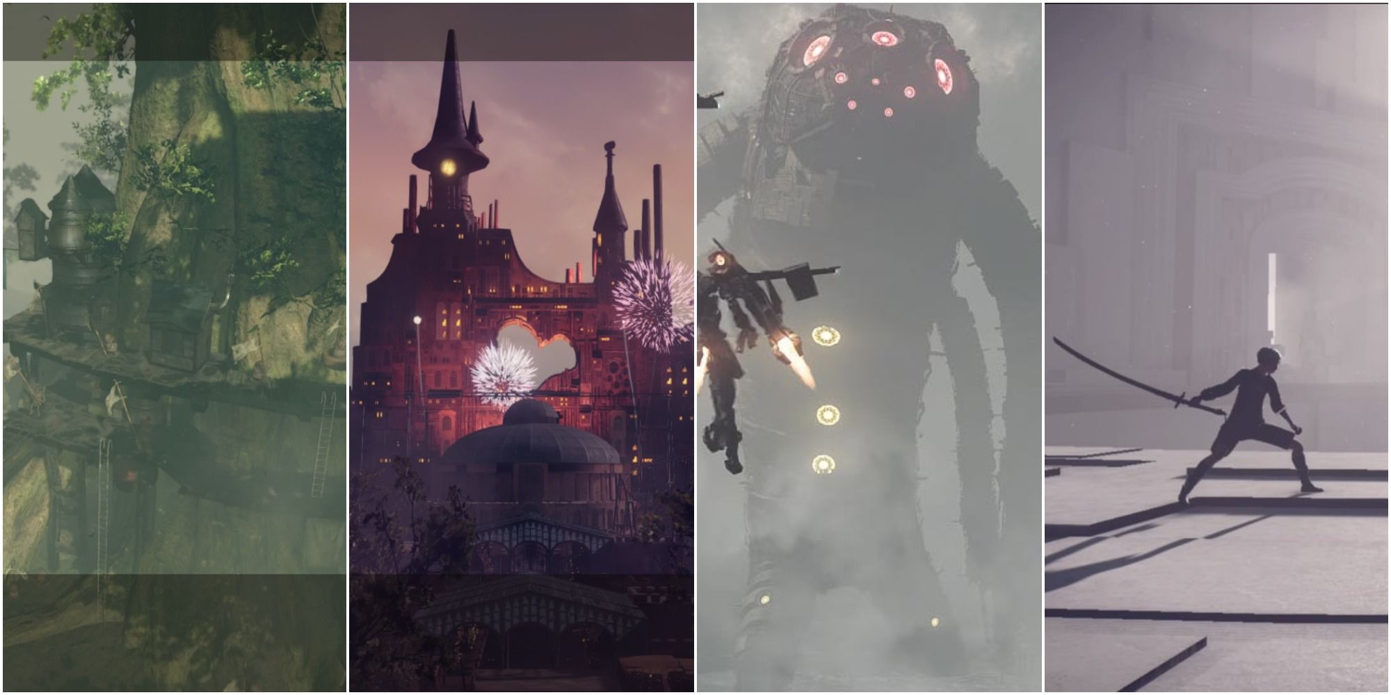 Split image of Pascal's village, the amusement park, Grun, and 9S from Nier: Automata