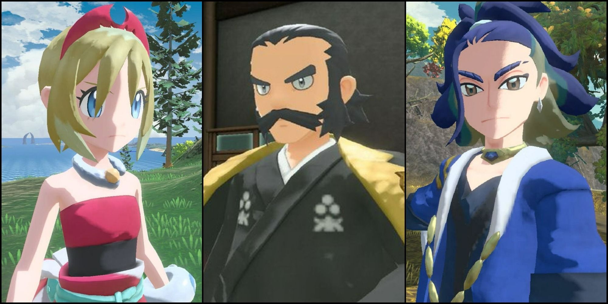A split image for Pokemon Legends Arceus featuring Irida to the left, Kamado in the middle and Adaman to the right