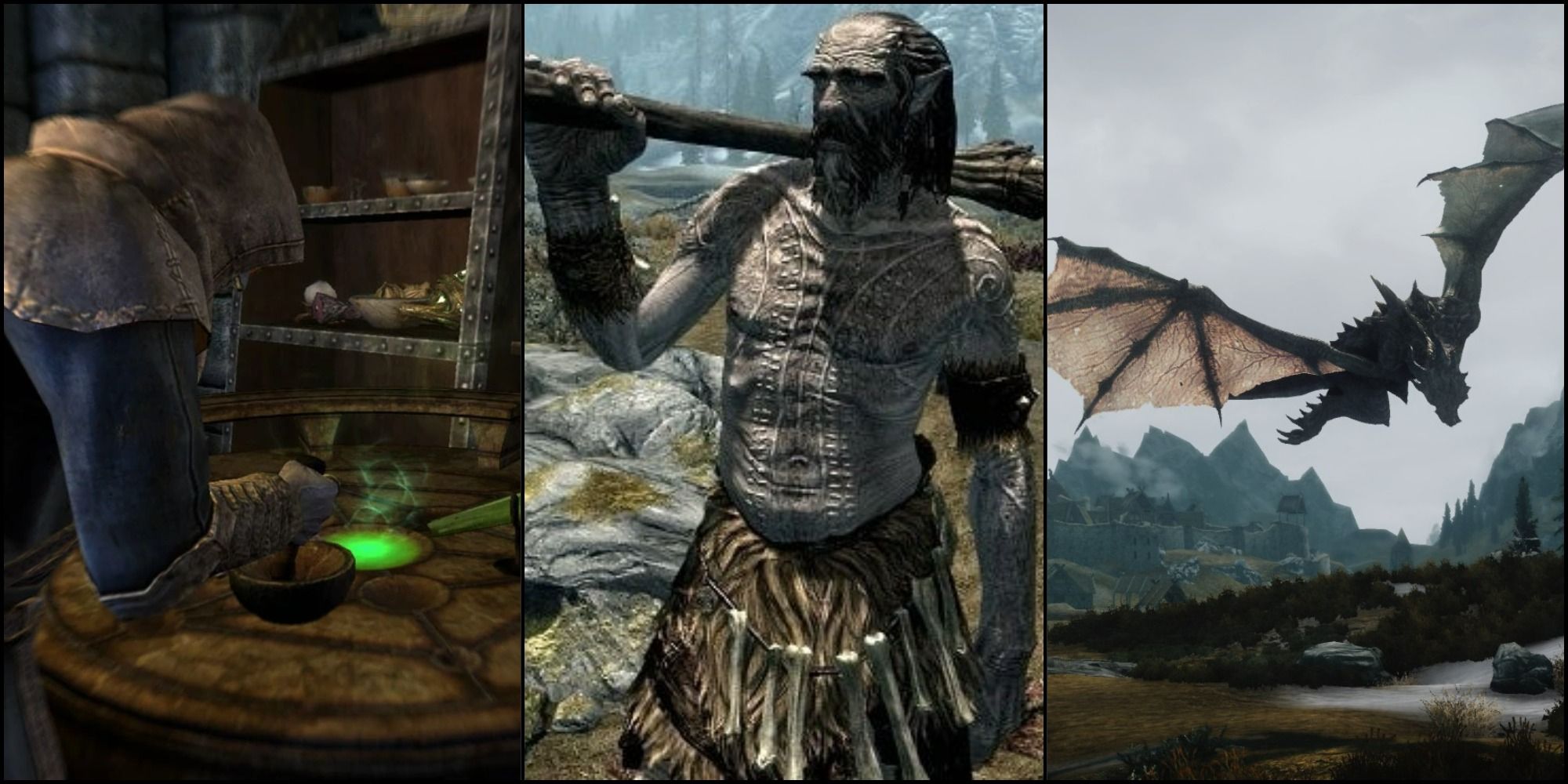 A split image for Skyrim featuring a player at an alchemy table to the left, a giant in the middle and a dragon to the right