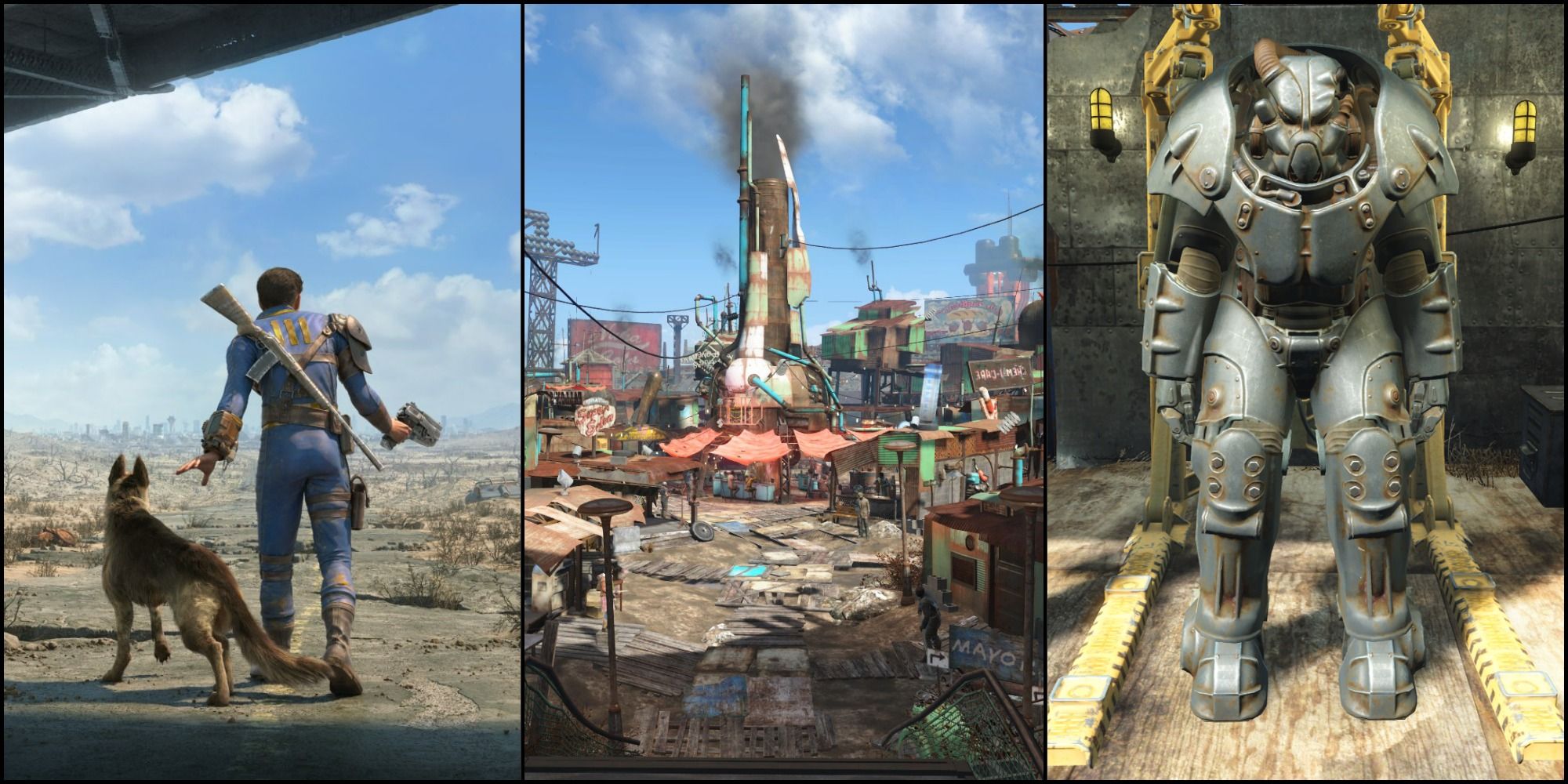 A split image for Fallout 4 featuring the Sole Survivor and Dogmeat to the left, Diamond City in the middle and a set of power armor to the right