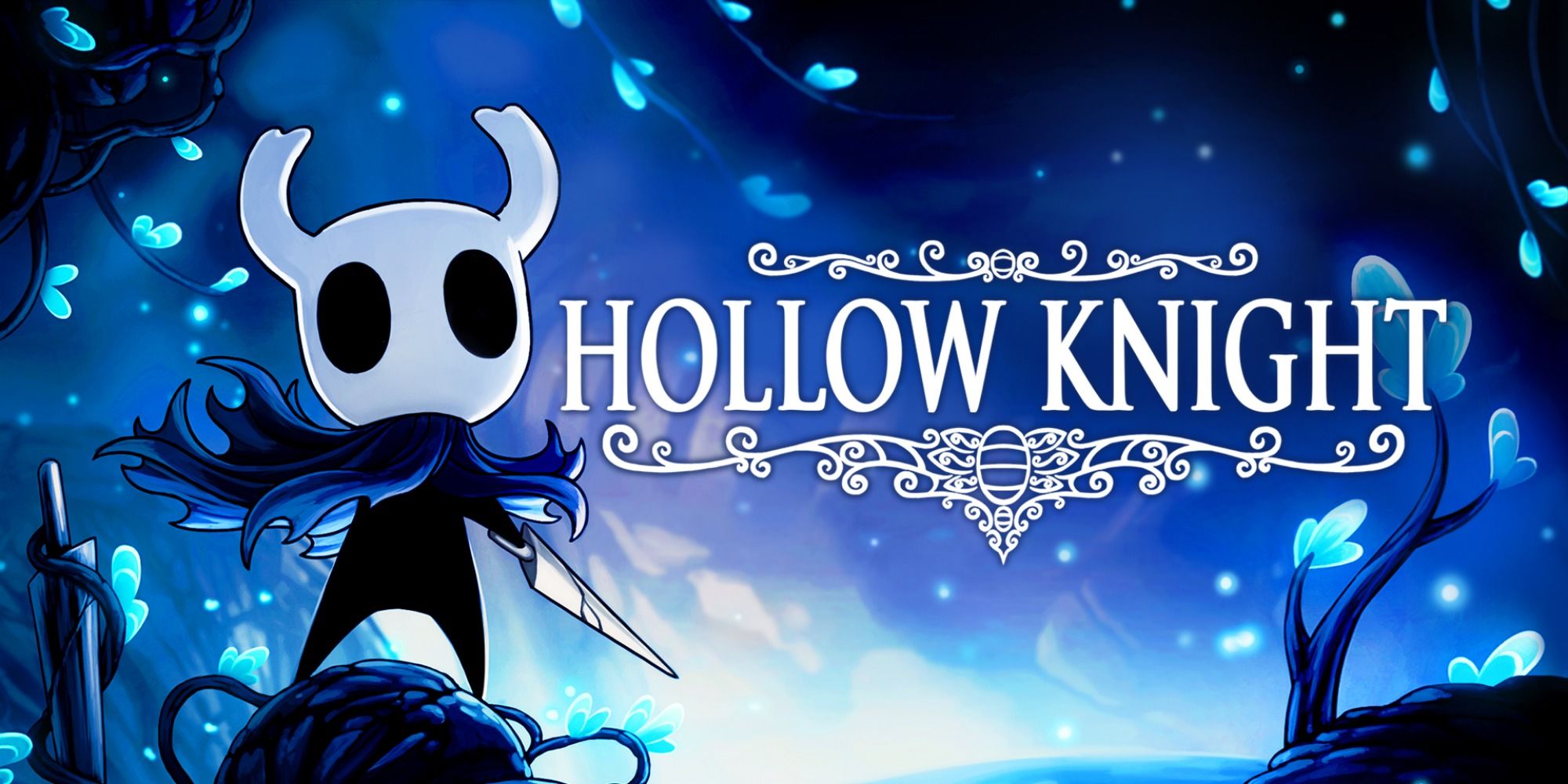 Hollow Knight: The Knight In A Blue Cave With The Logo