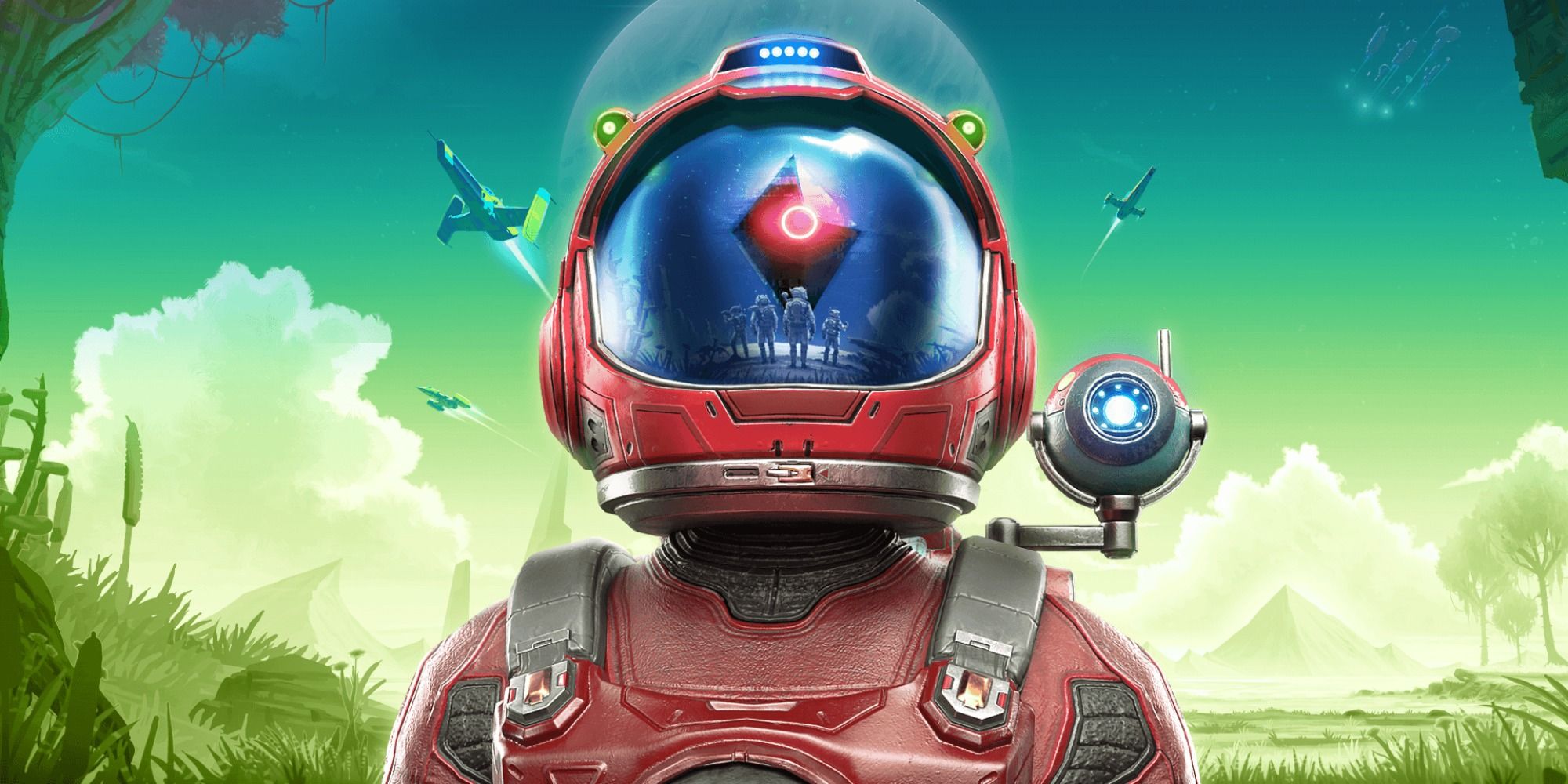 A red astronaut stares into space, his visor reflecting an alien pod and other astronauts