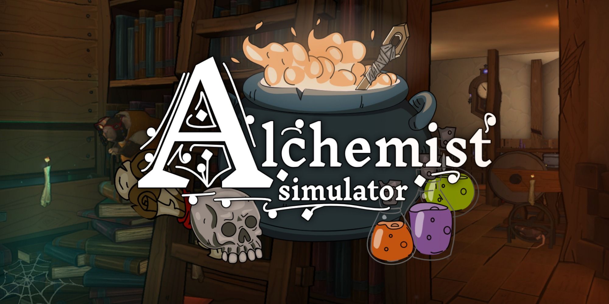 Alchemist Simulator title art inside a cozy medieval cottage with art of cauldron and potions