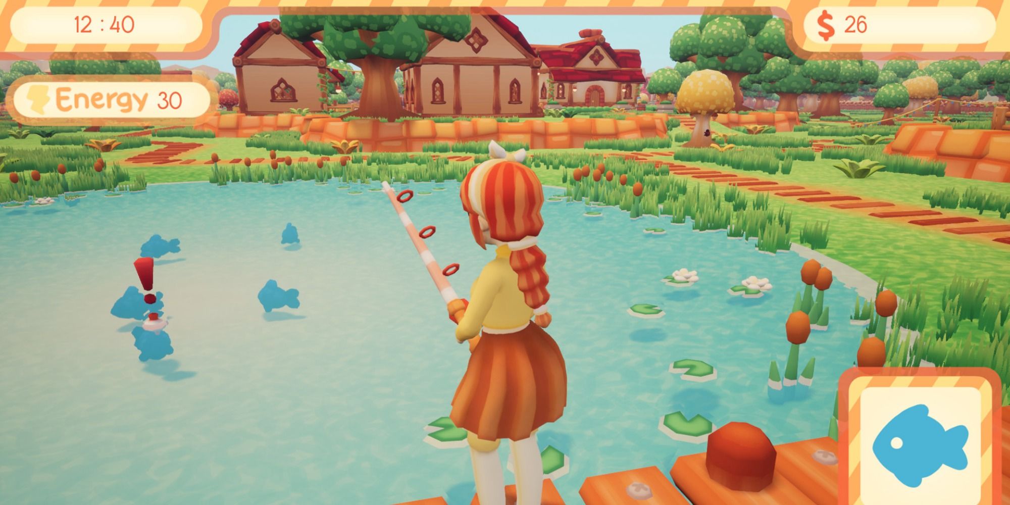 A ginger-haired girl fishes off a dock in a lush countryside
