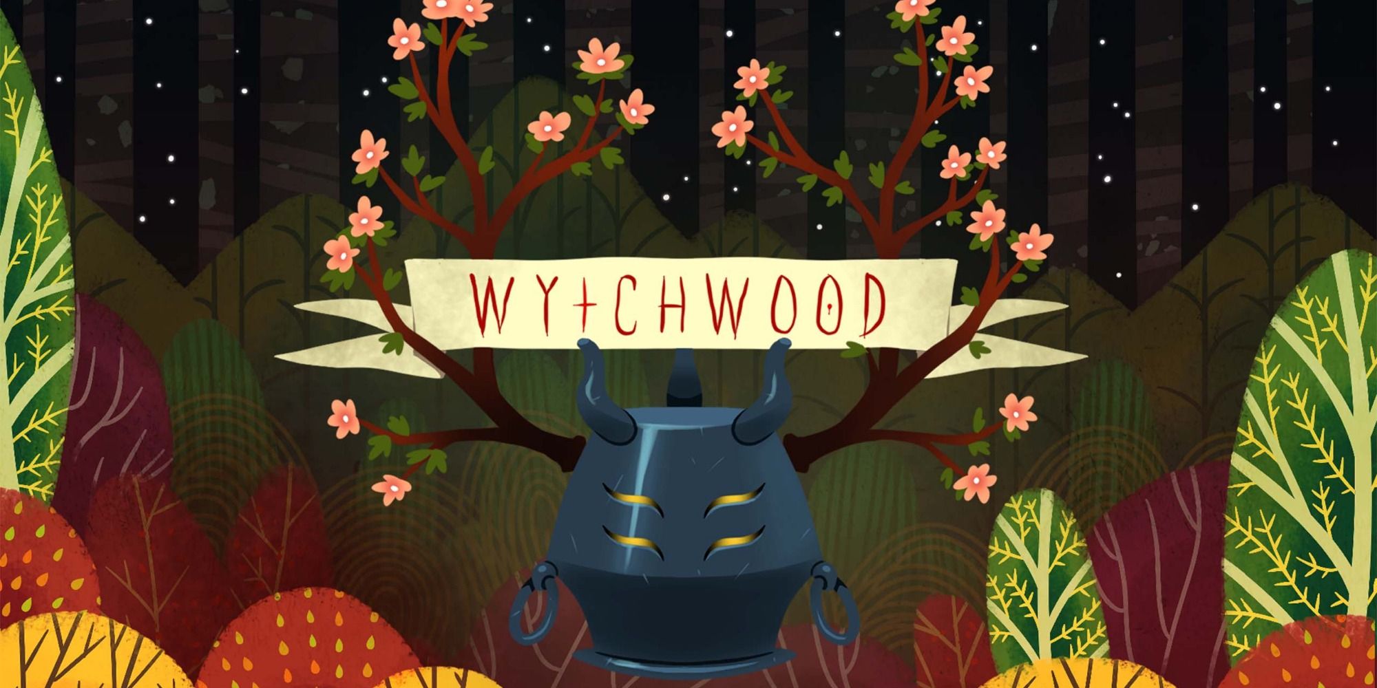 Wytchwood title art with helmet wearing witch and antlers adorned with pink flowers