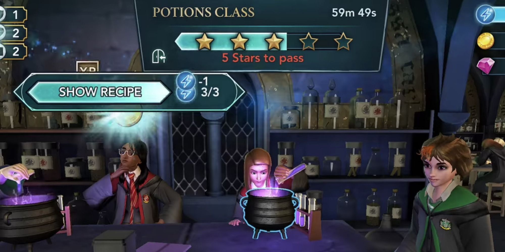 A student pours a purple vial into a cauldron in potions class