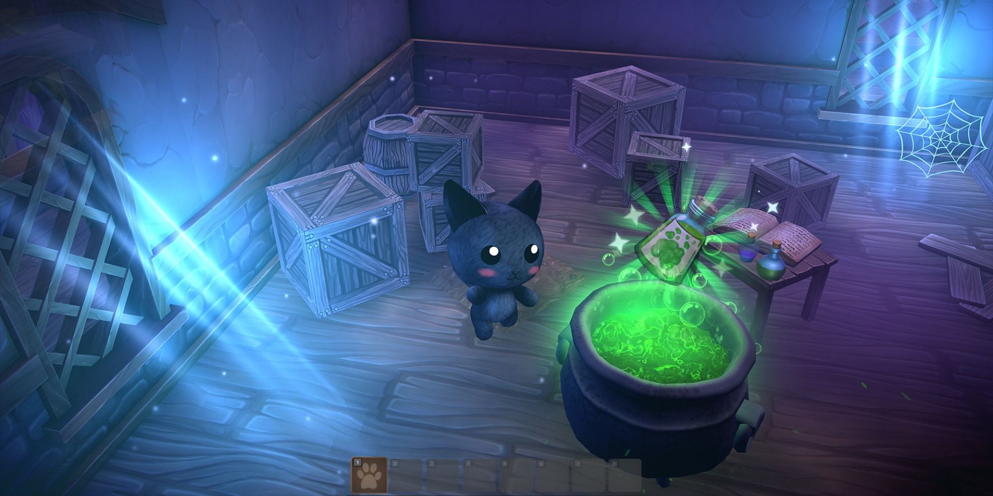 A black cat crafts a potion at a green bubbling cauldron in a dark room
