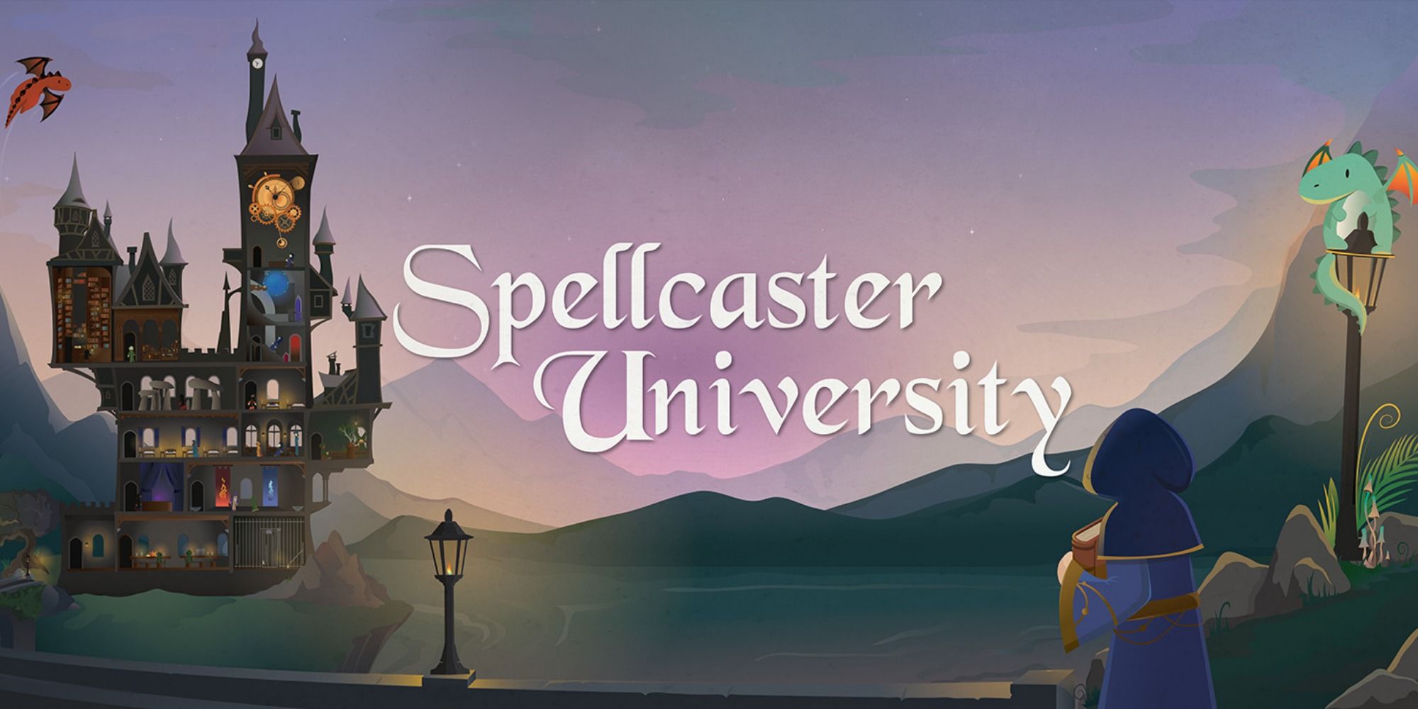 Spellcaster University title art with wizard looking at huge castle from afar