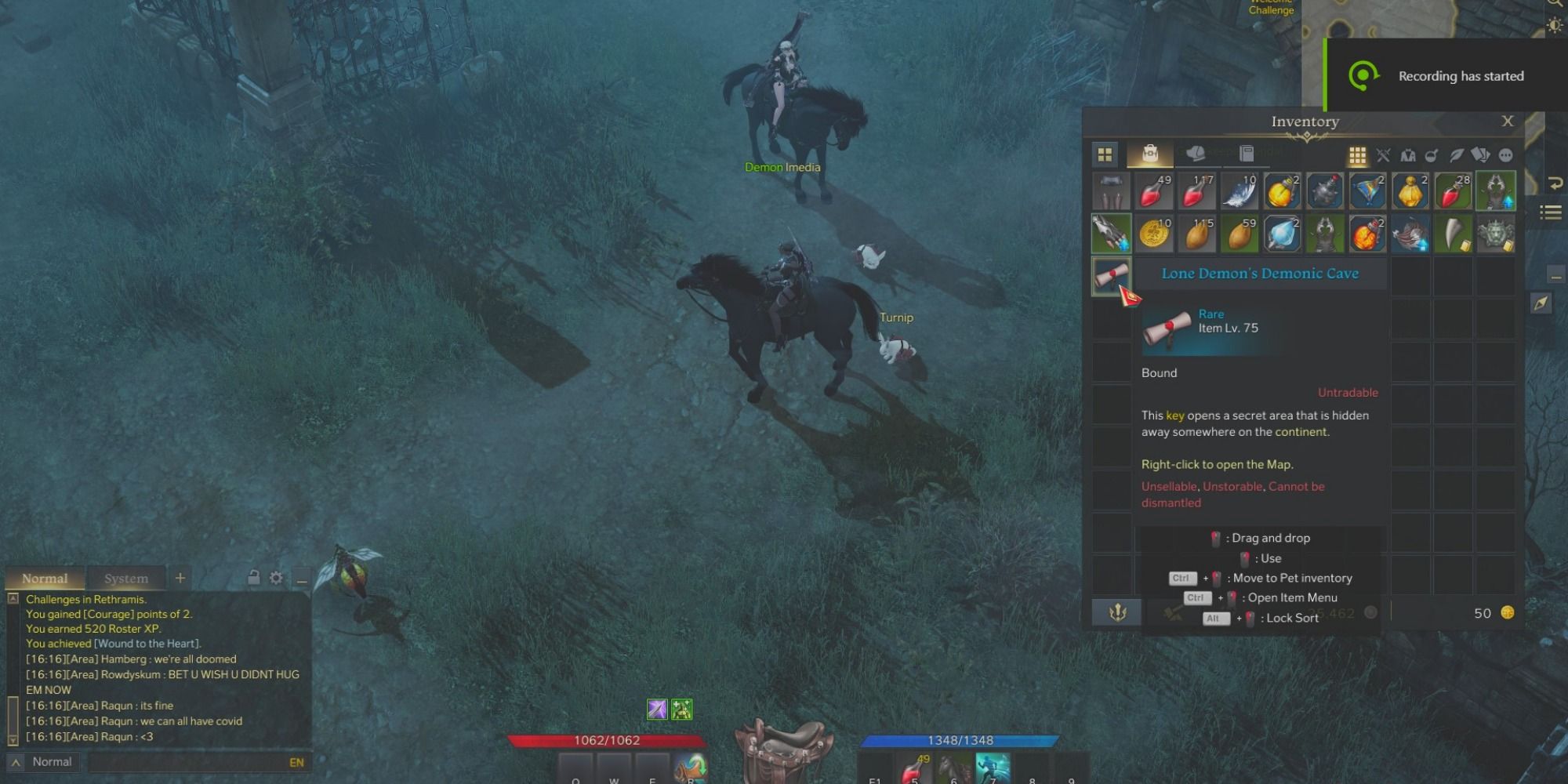 Assassin sits on a black mount in Rethramis with inventory open