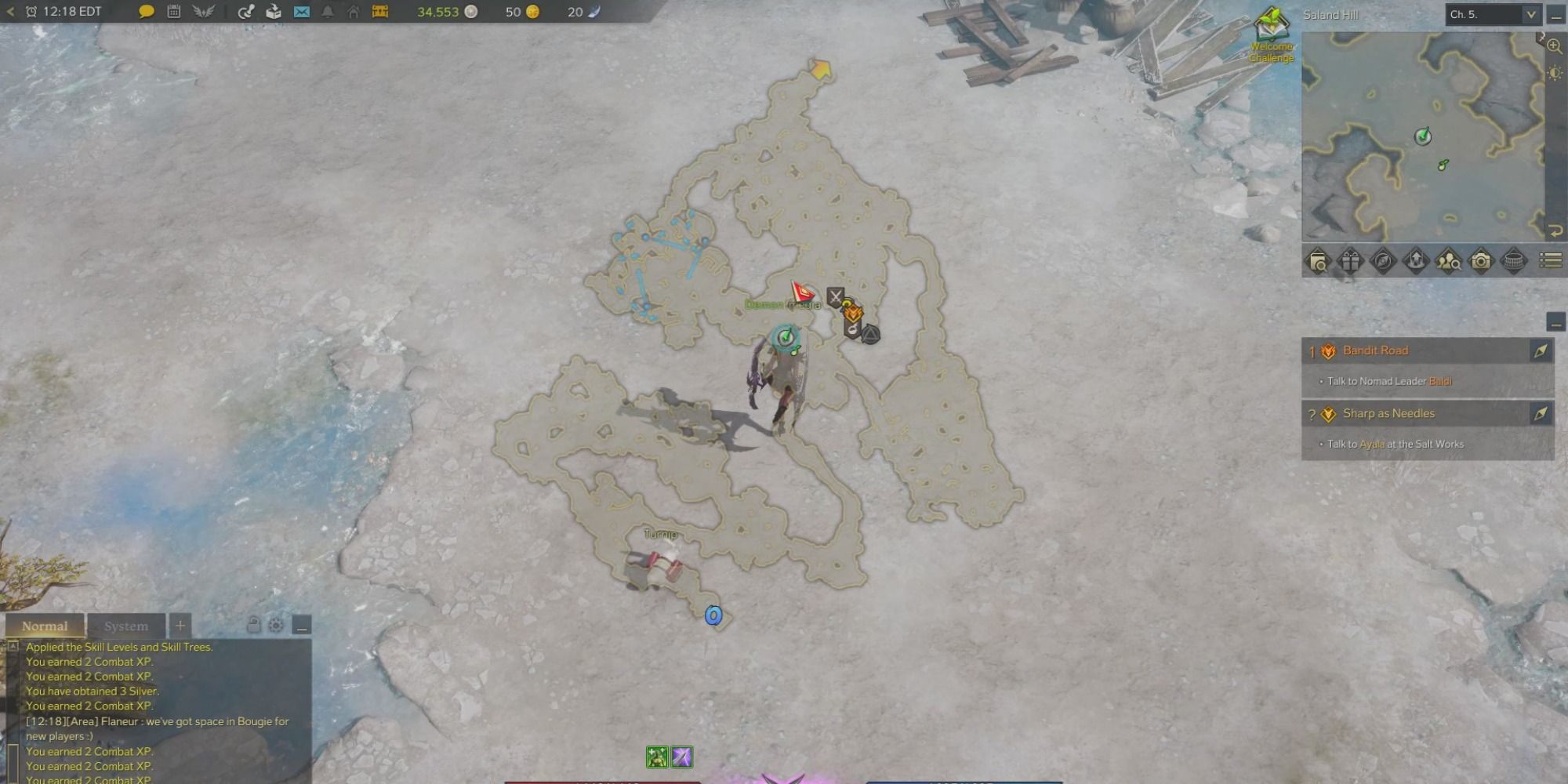 An assassin moves through Saland Hill with the overlay minimap on screen