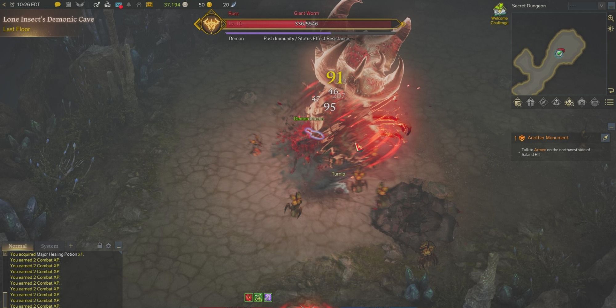 Assassin uses identity skill on a giant worm in a dungeon