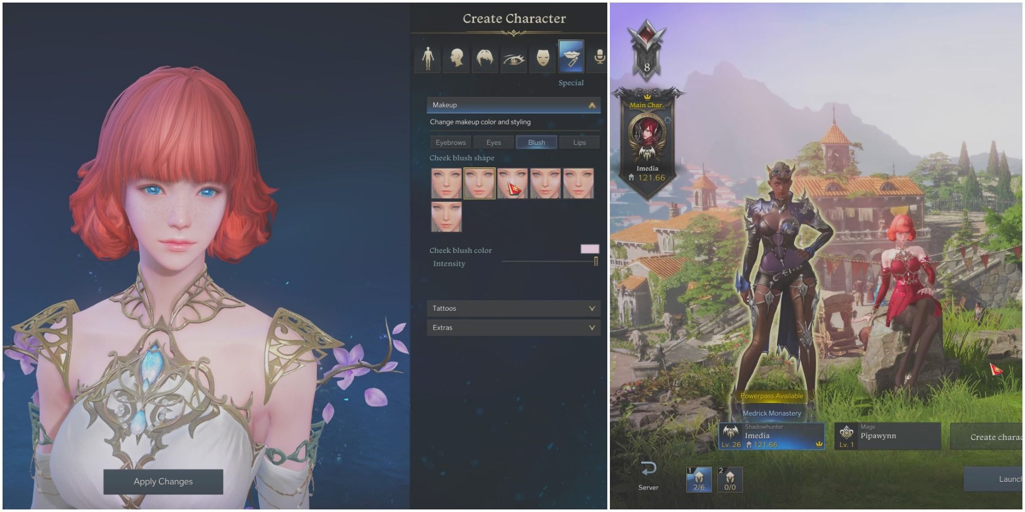 A split image of a red-haired mage on the character creation screen and two characters on the Prideholme loading screen