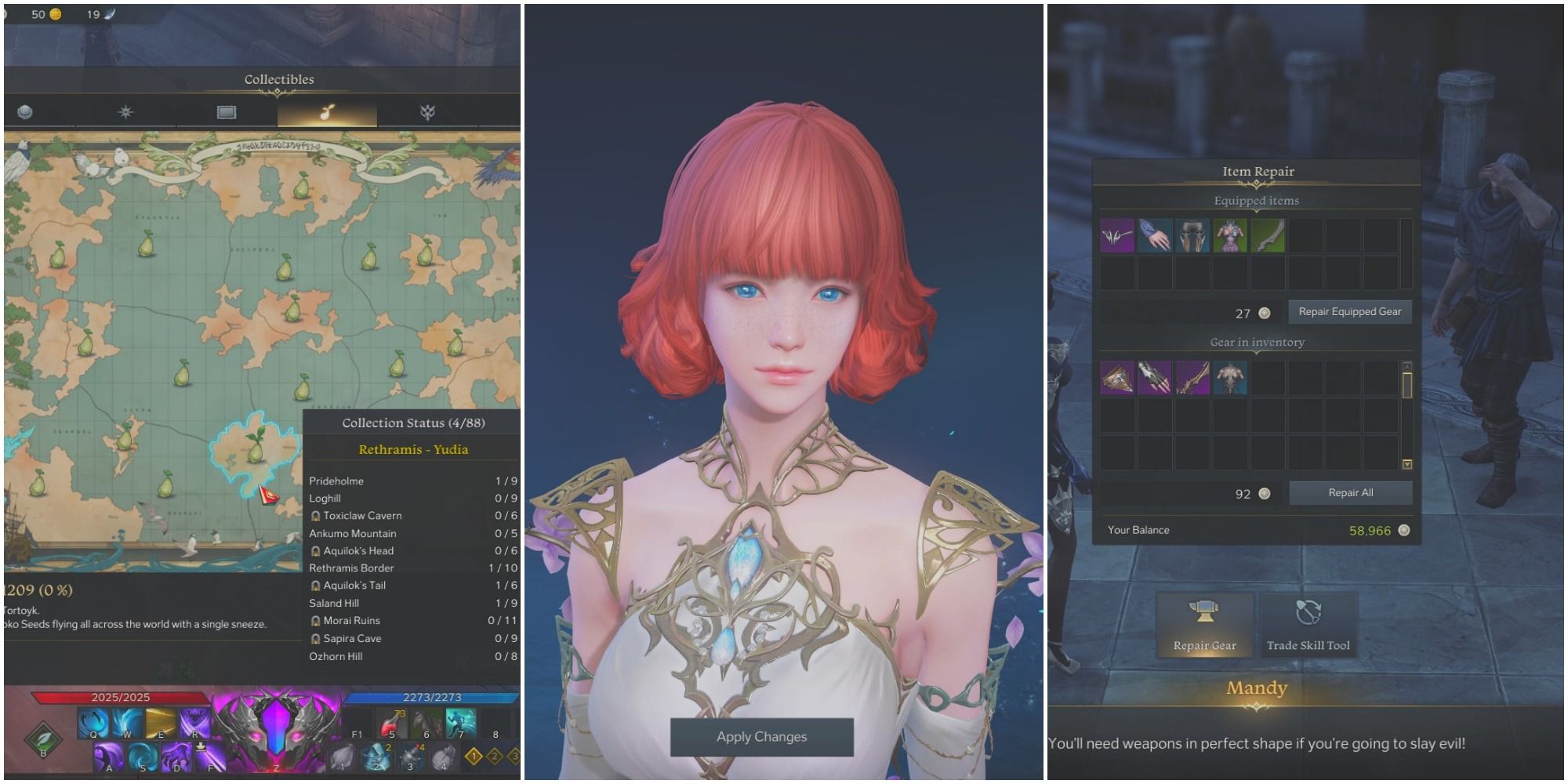 Split image from left to right: Mokoko Seeds map, red-haired mage on character creation screen, Item Repair shop in dark monastery