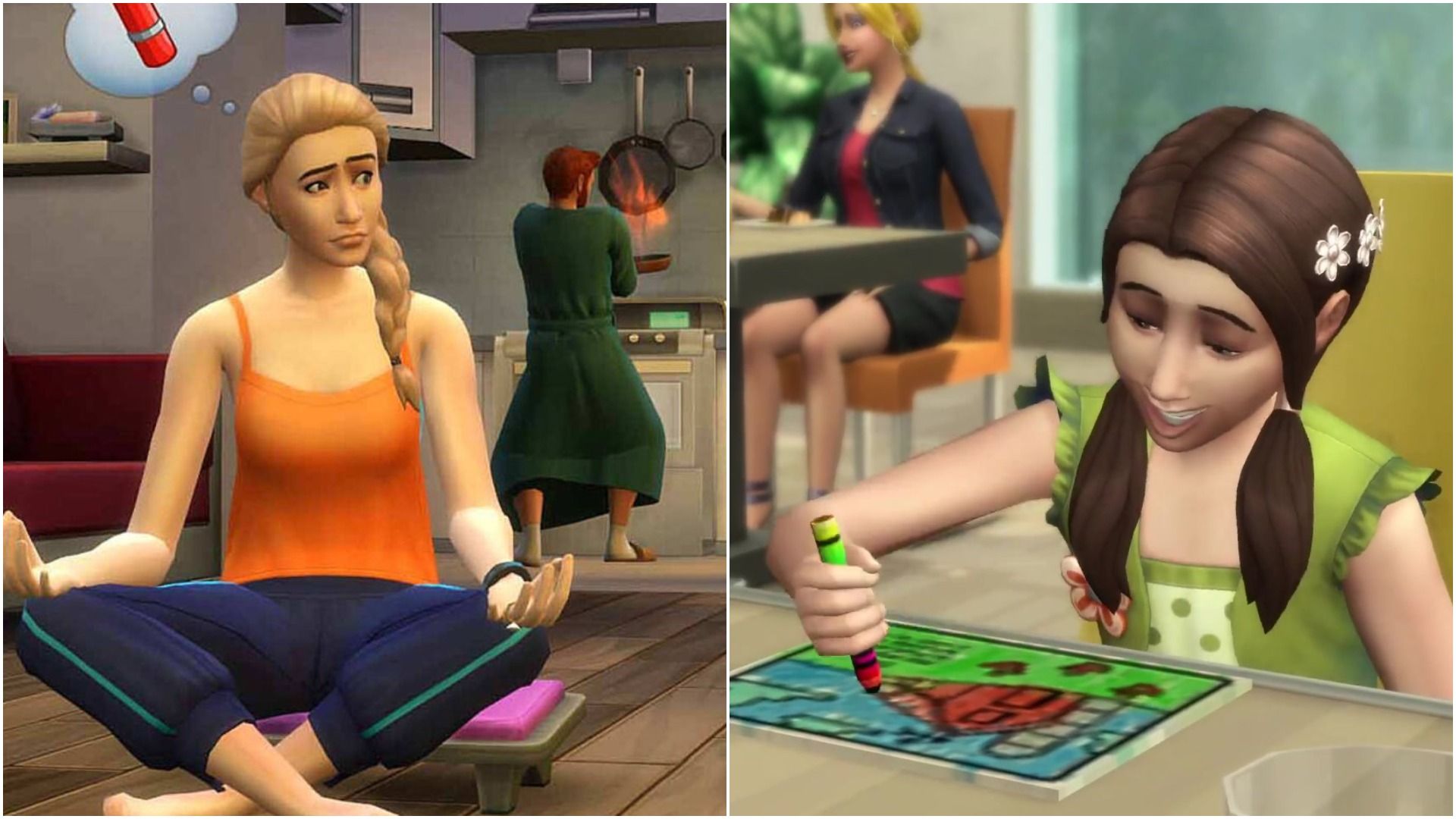 On the left, a meditating Sim is distracted by their less-than-stellar chef of a partner. On the right, a child draws on a restaurant kid's menu