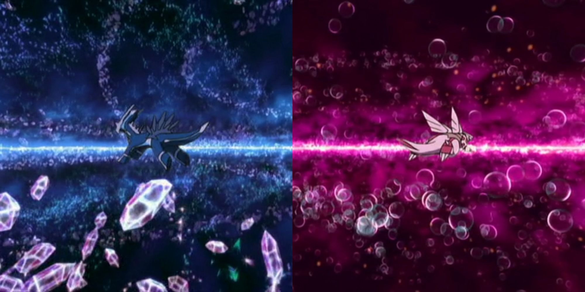 A split image with Dialga in the Temporal World to the left and Palkia in the Spatial World to the right