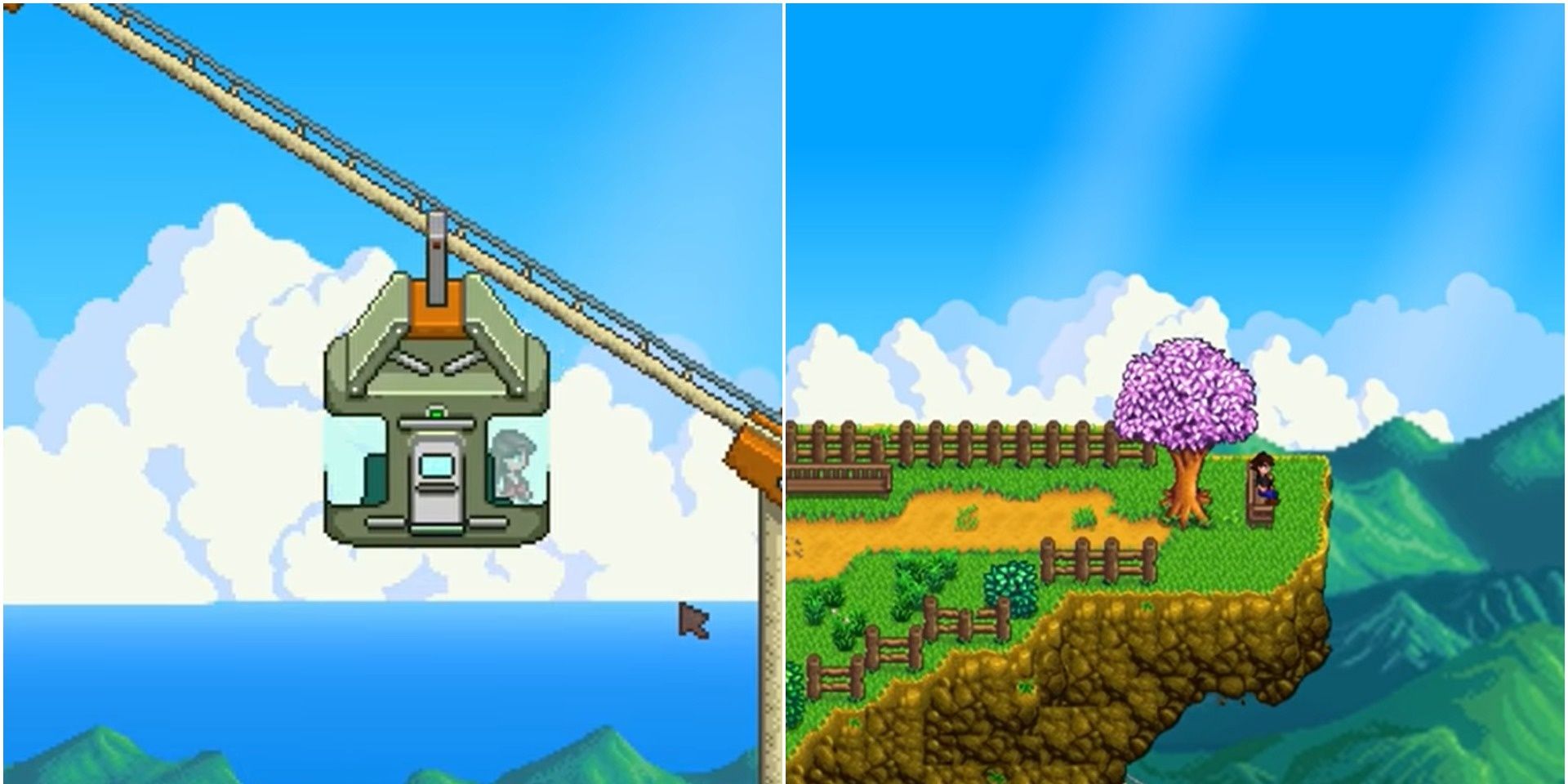 A split image - left: someone sits in the Cable Car on the way up to Ridgeside village. Right: Theyre sitting on a bench overlooking the Ridgeside Village peak.
