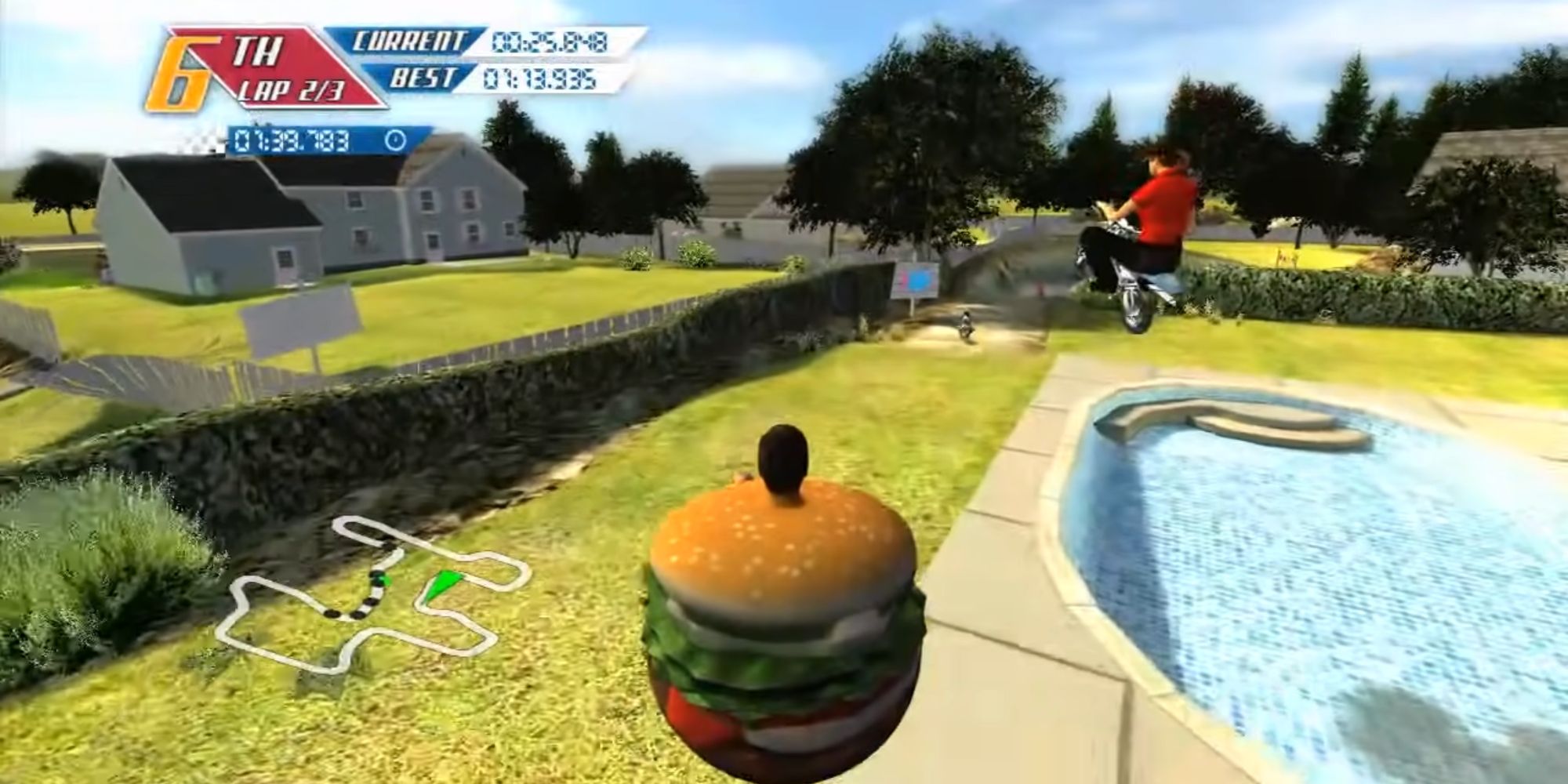 A screenshot from the Burger King game PocketBike Racer, showing a man in a hamburger costume driving off a ramp in someone's backyard