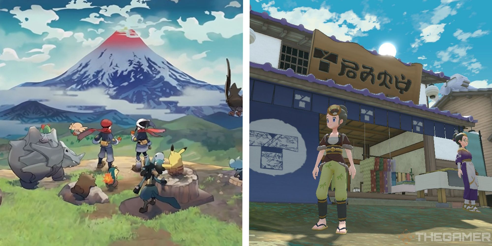 promotional art of pokemon legends arceus next to image of player near clothier in jubilife village