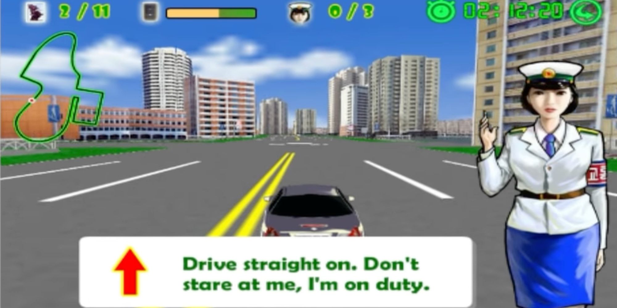 A screenshot of Pyongyang Racer, showing a traffic cop instructing the player on how to drive
