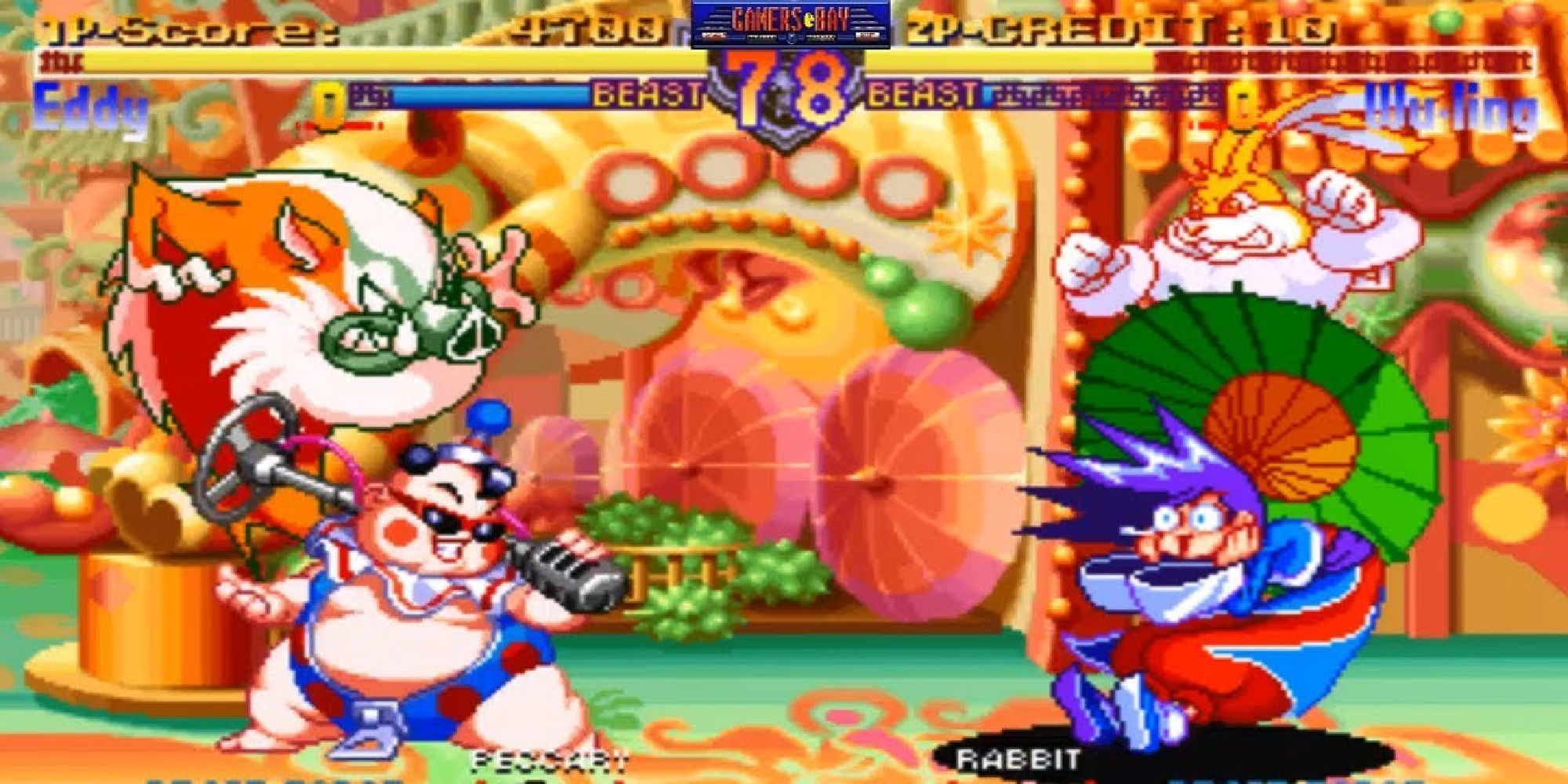 A screenshot of the 1997 arcade fighting game Rabbit, showing two characters squaring off in a colorful arena