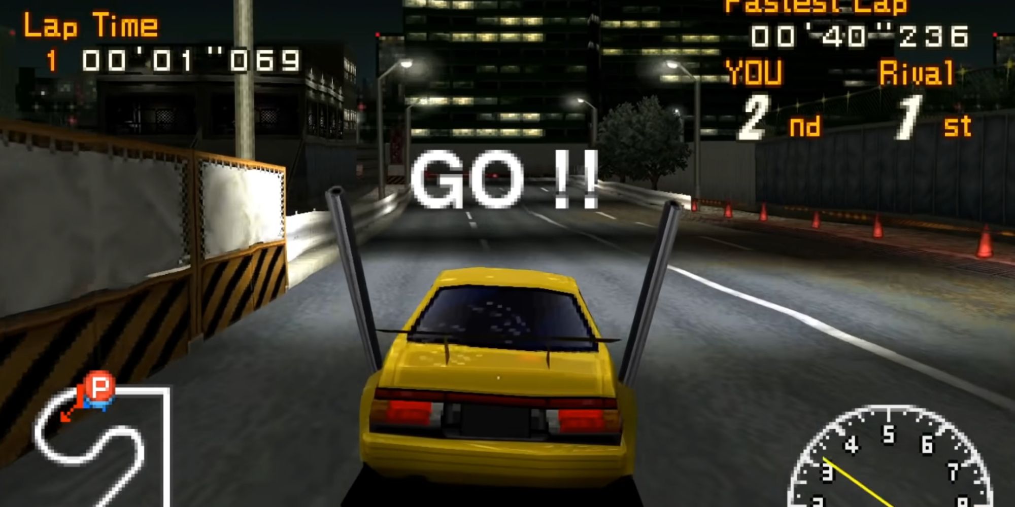 A screenshot from Racing Lagoon, showing a modified car racing from the starting line at night