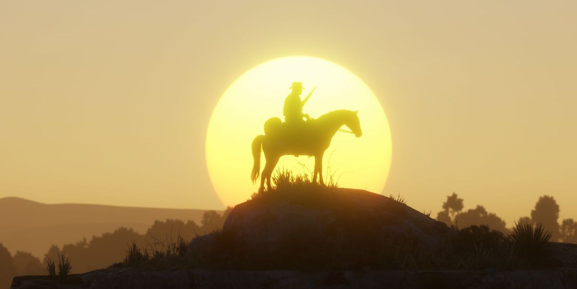 arthur morgan on a horse over the sunset