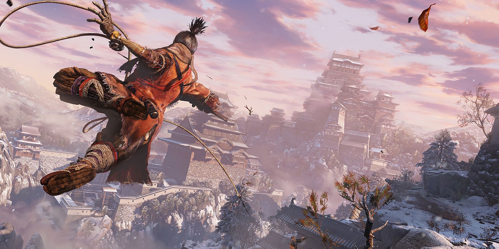 A screenshot showing the player using the grappling hook in Sekiro: Shadows Die Twice
