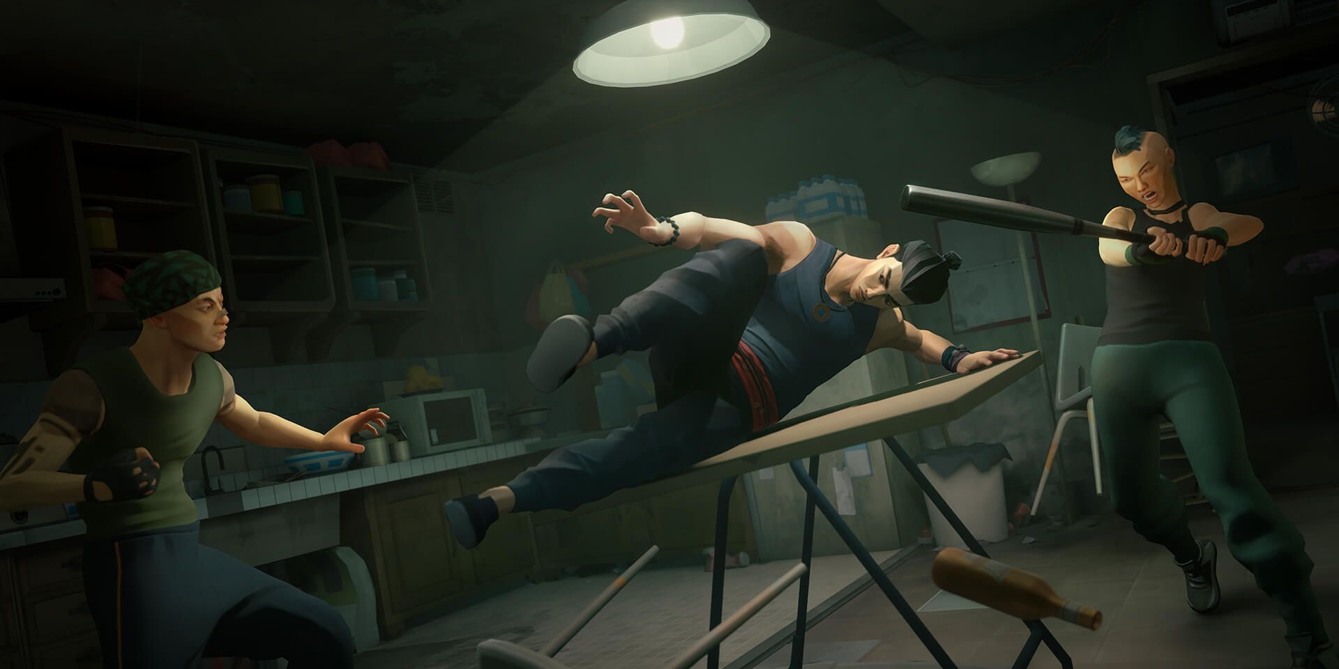 A screenshot showing the player vaulting over a table in Sifu