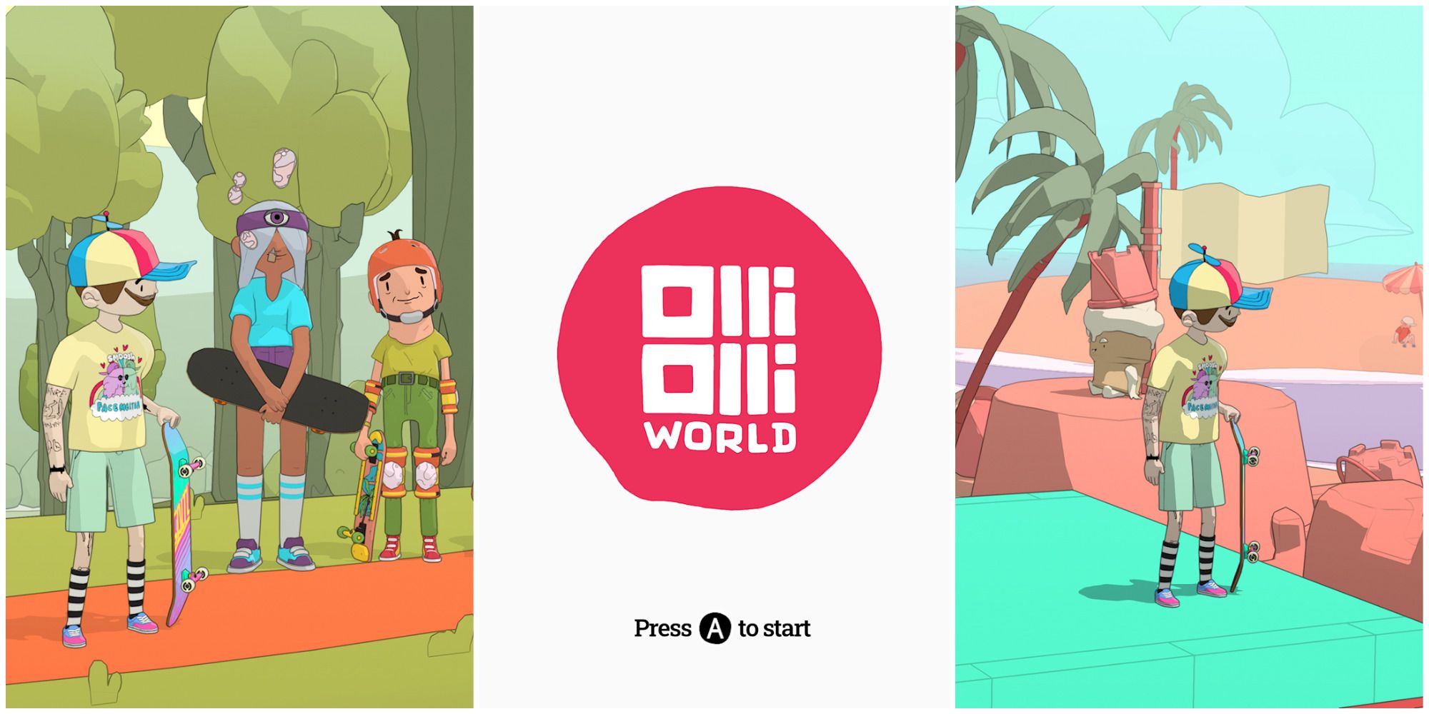 skater and friends in forest, game logo, skater at beach in olliolli world featured
