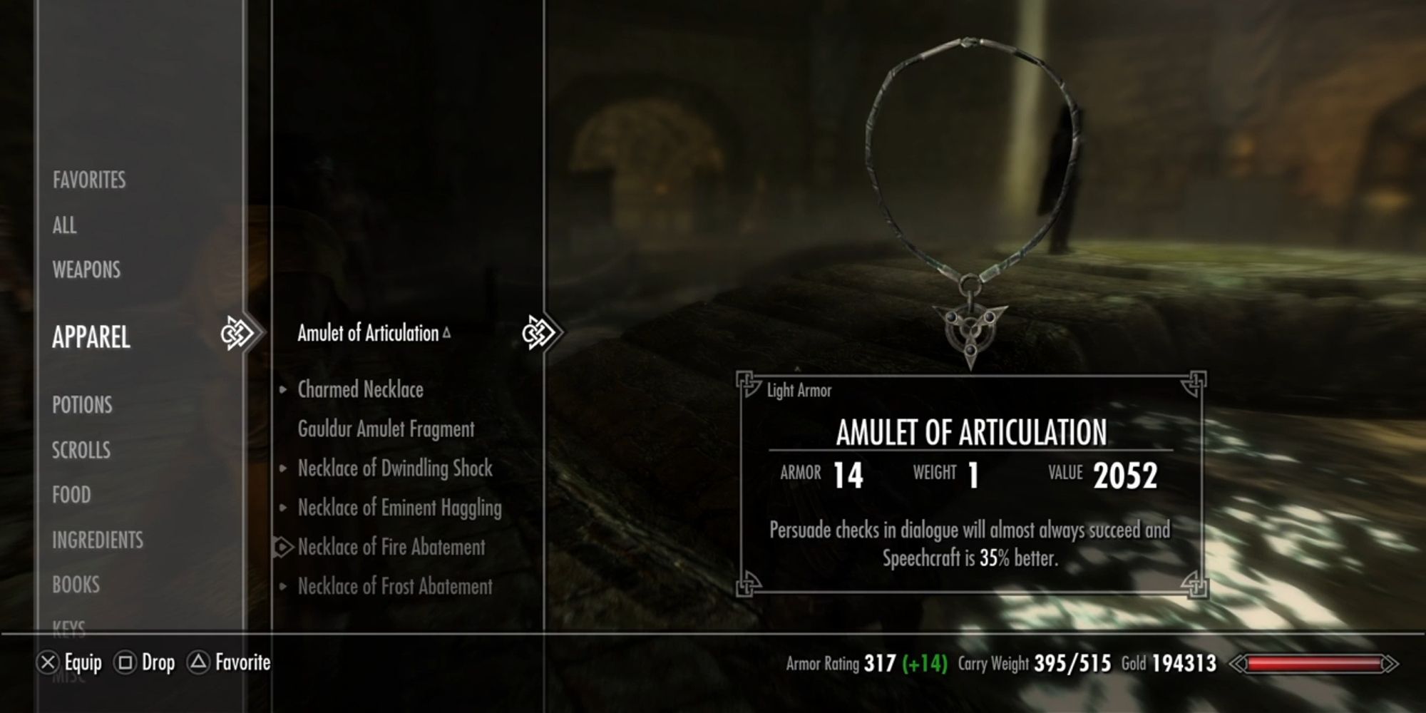 player looking at amulat of articulation in inventory