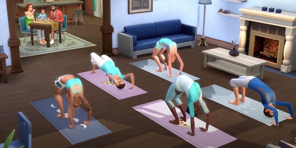 A group of Sims participate in a yoga class in what looks to be the Pancakes' house? In any case, Bob, Eliza, and Iggy are eating at the table in the next room.
