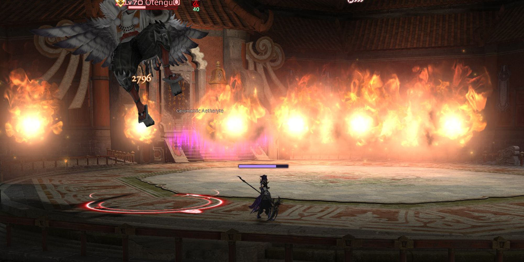 otengu creating tengu embers around the arena that explode in balls of fire