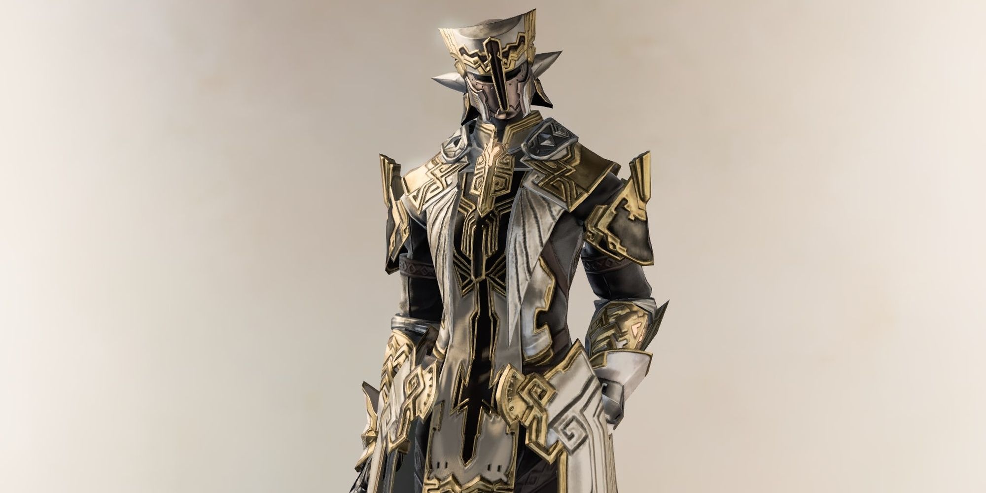 Final Fantasy 14 Character in Ronkan Armor Against an Off-White Background