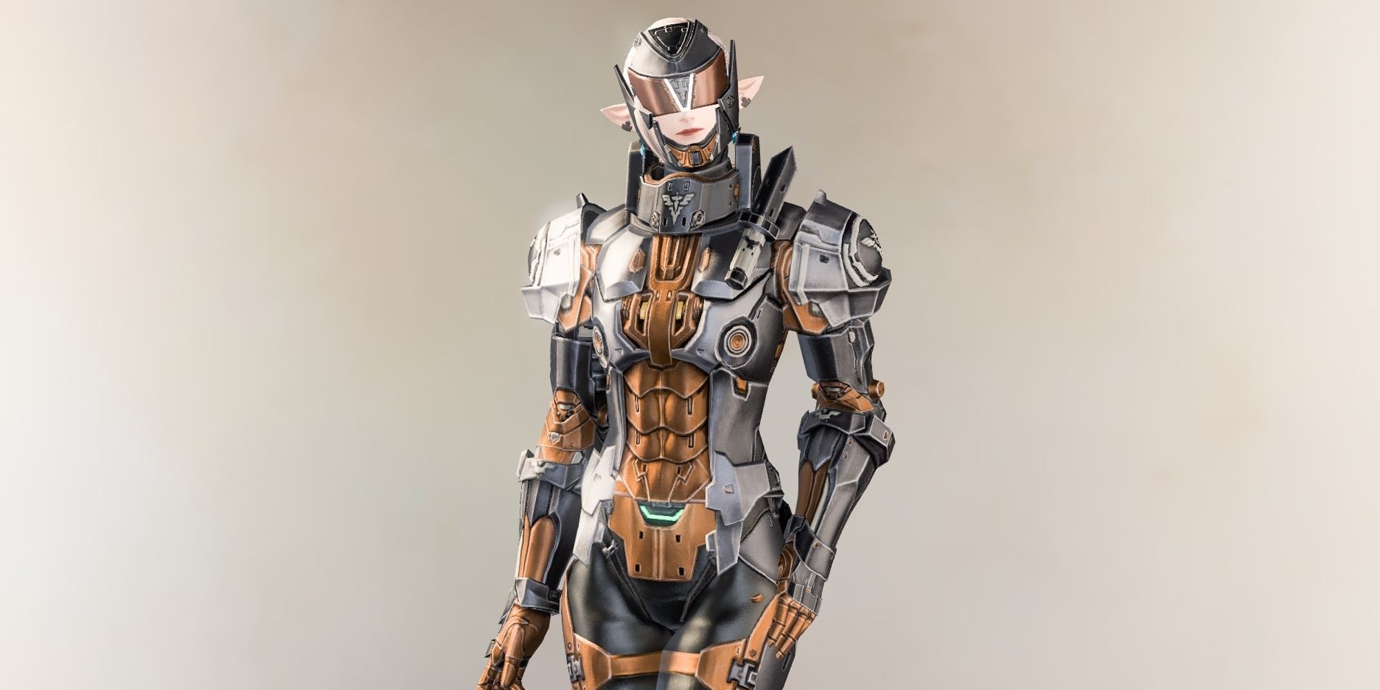 Final Fantasy 14 Elezen Character in Late Allagan Armor Against an Off-White Background