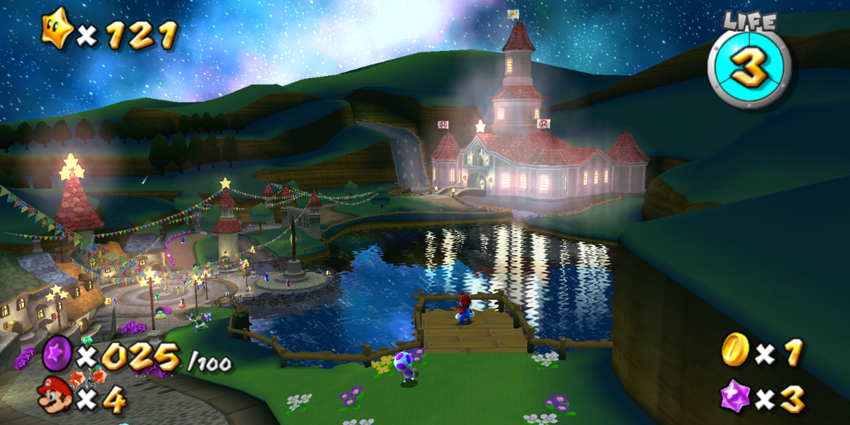 A screenshot of gameplay from Mario Galaxy as Mario visits Toad Town